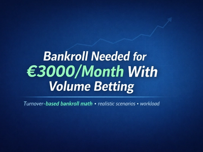 Title card showing Bankroll Needed for €3000/Month With Volume Betting on a dark blue gradient background with turnover-based bankroll math subtitle