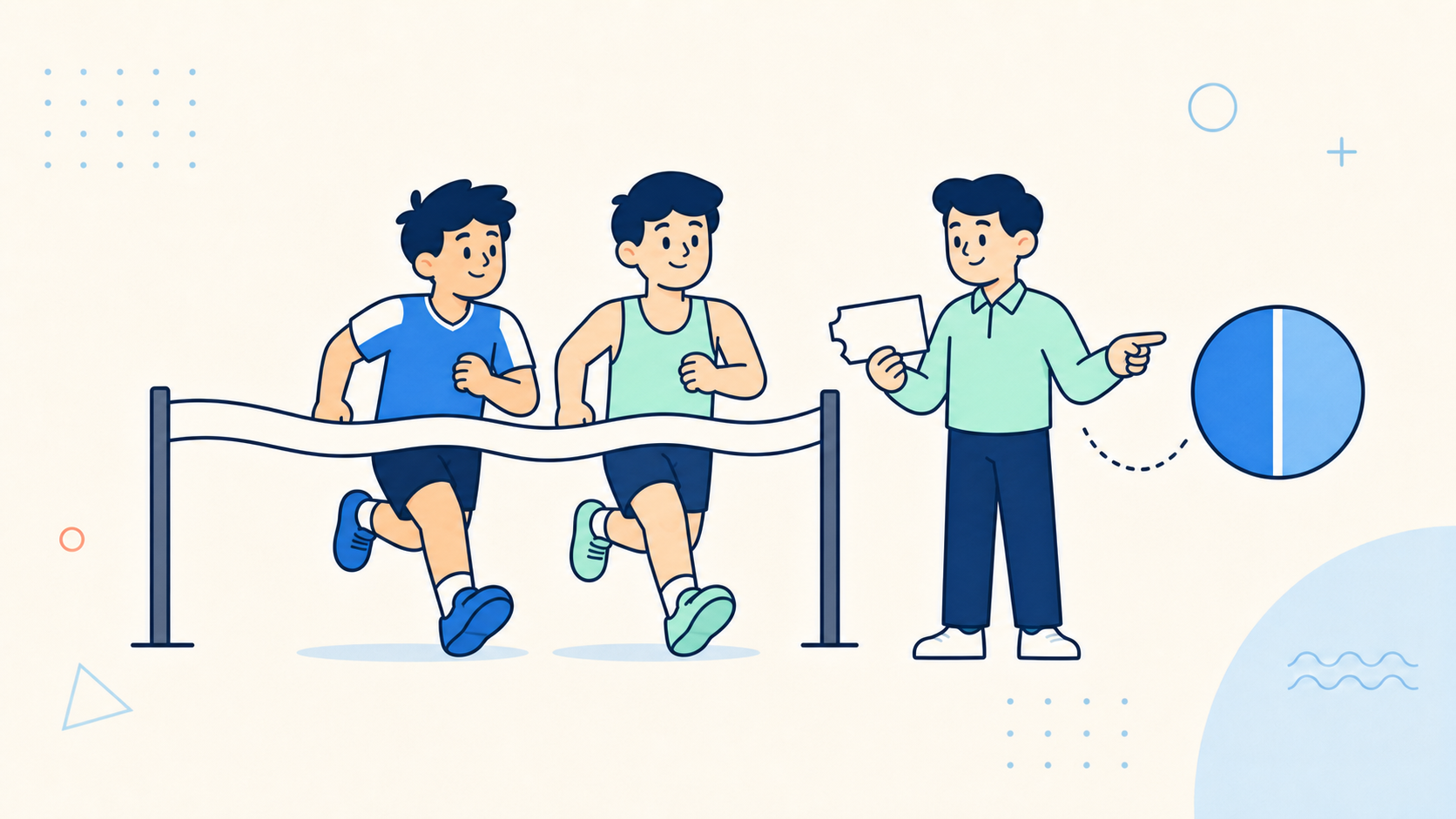 Two cartoon runners cross together while a rules analyst shows a payout token split in half