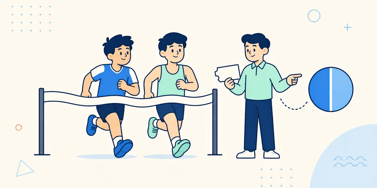 Two cartoon runners cross together while a rules analyst shows a payout token split in half