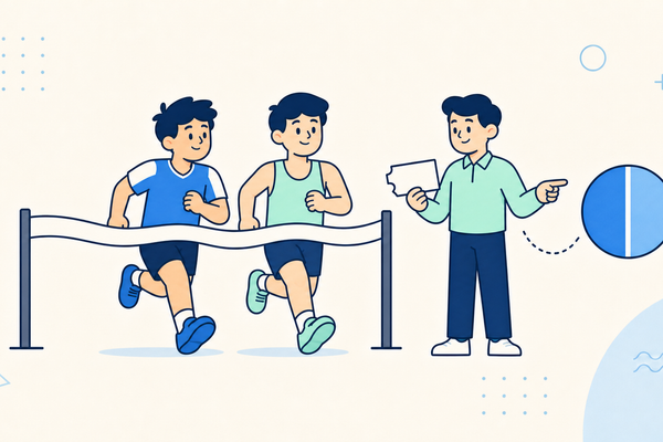 Two cartoon runners cross together while a rules analyst shows a payout token split in half