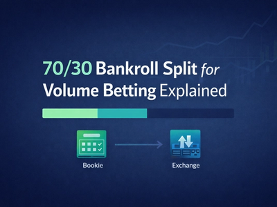 Minimal dark banner with simple 70/30 split graphic and subtle arrows between bookie and exchange