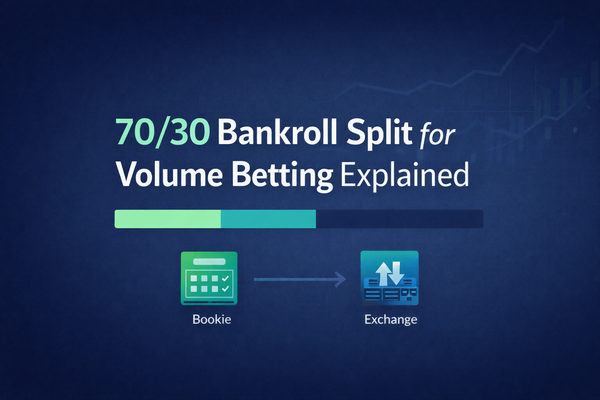 Minimal dark banner with simple 70/30 split graphic and subtle arrows between bookie and exchange