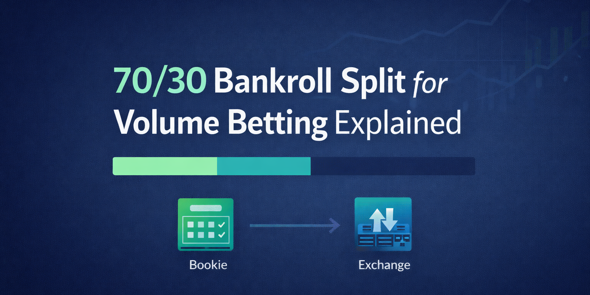 Minimal dark banner with simple 70/30 split graphic and subtle arrows between bookie and exchange