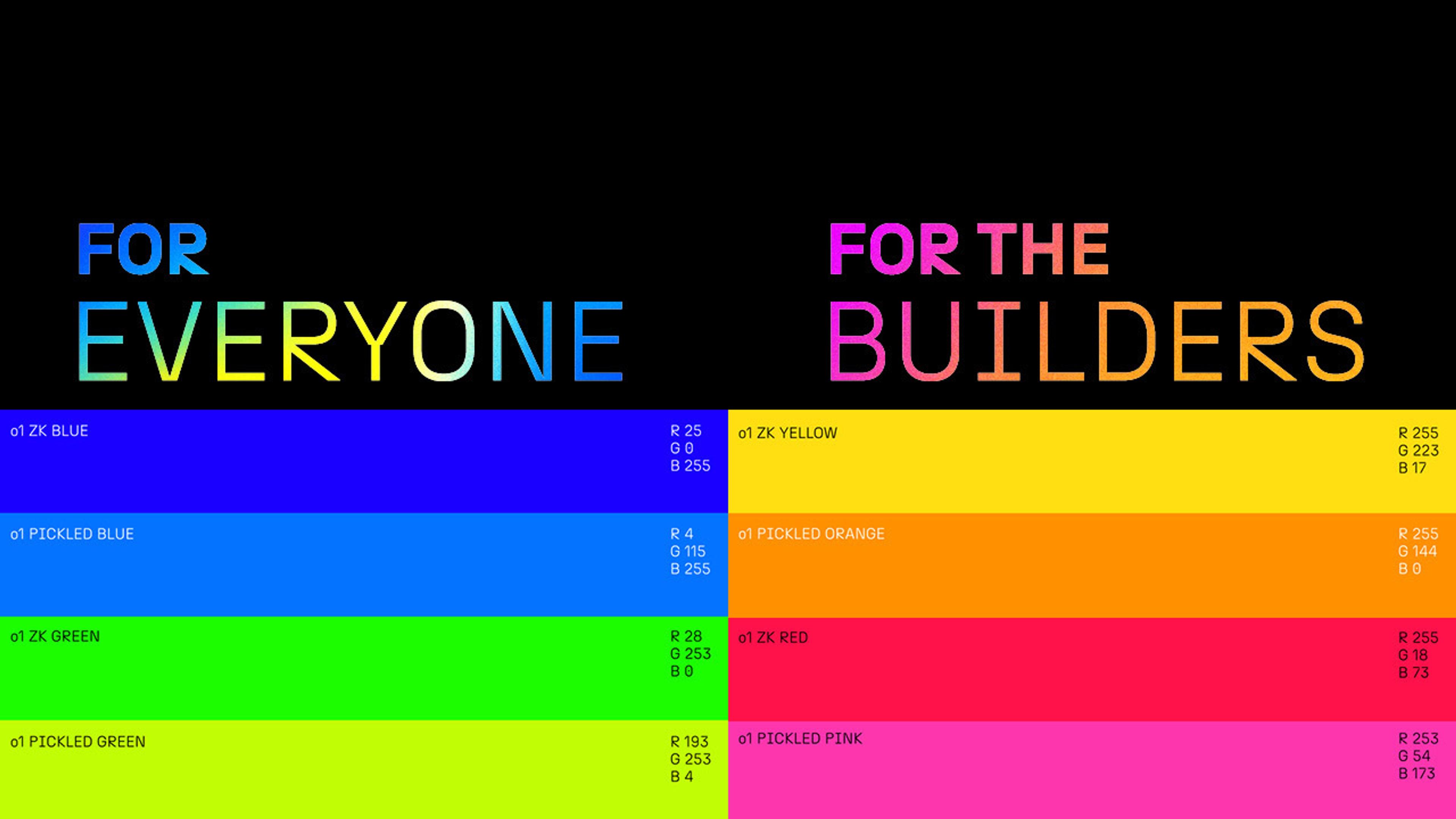 Two color schemes are shown. On the left is "For Everyone" with a blue to green gradient, and on the right is "For the Builders" with a yellow to pink gradient.