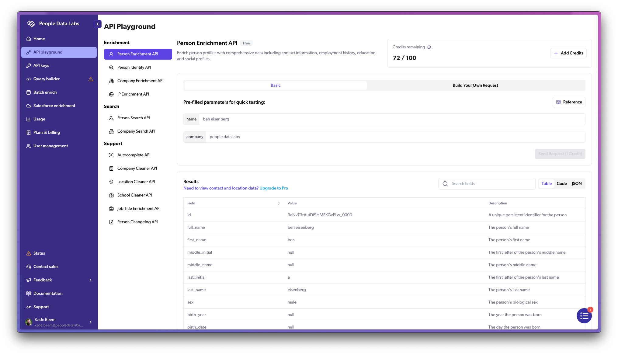 API playground page screenshot