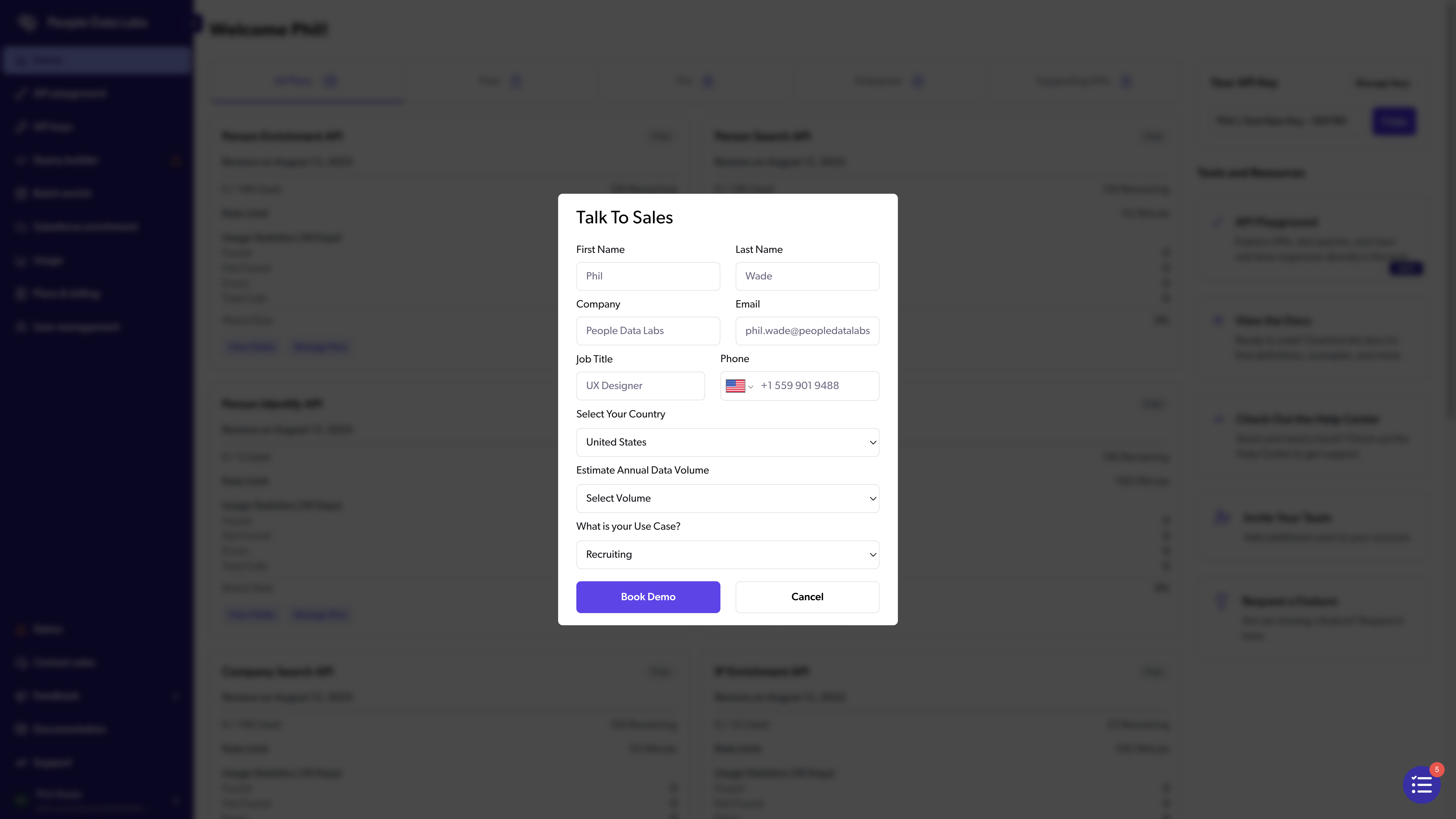 Contact sales dialog screenshot