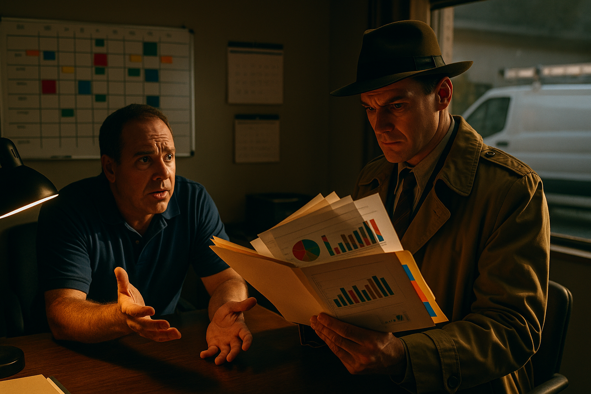 Overhead view of a contractor's desk — marketing invoices stacked on the left, an HVAC job ticket on a clipboard to the right, and a yellow notepad in the center with a single large hand-drawn question mark: the daily reality of spending on multiple marketing channels with no way to know which one is working.