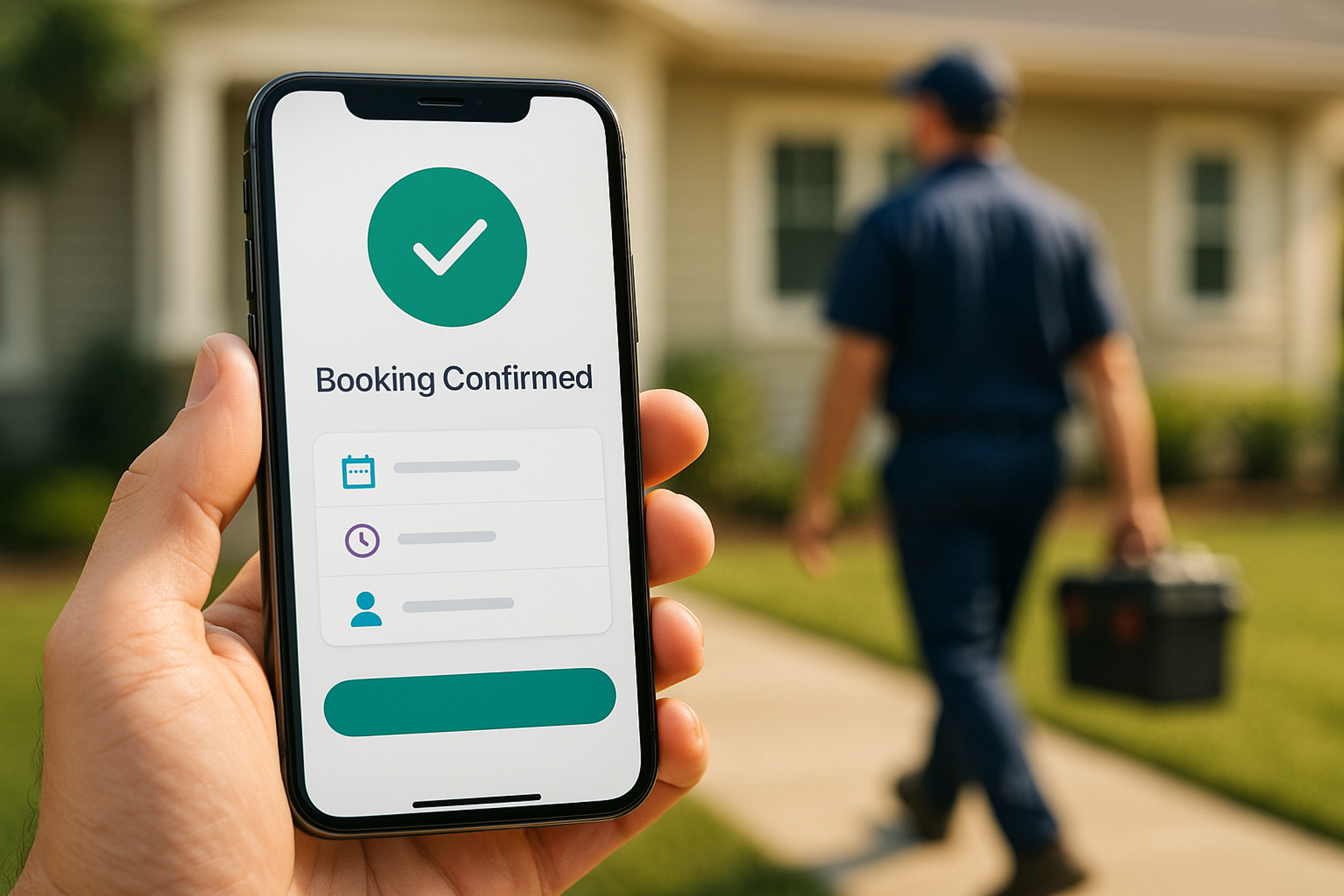 A professional HVAC technician arriving at a home, with a clean booking confirmation screen on a smartphone in the foreground