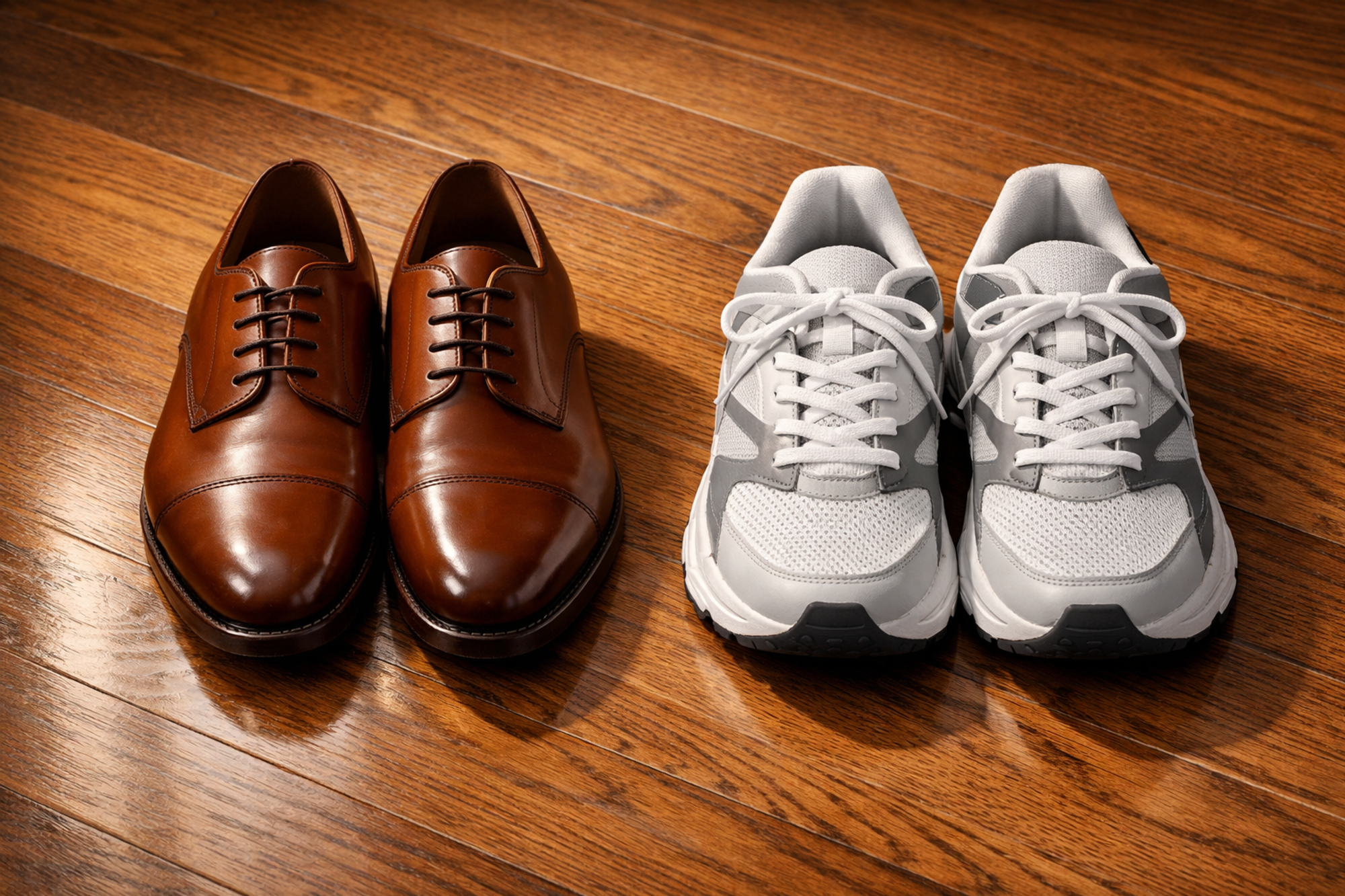 Two pairs of shoes side by side on a hardwood floor — brown leather oxfords on the left, white athletic running sneakers on the right — illustrating that different customers need different paths from the same starting point.