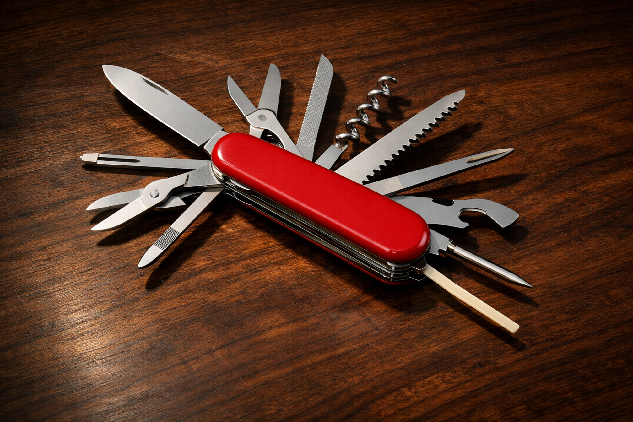 Vintage Swiss Army knife with all blades fanned out on dark walnut wood — one tool, many specialized functions for many different needs.