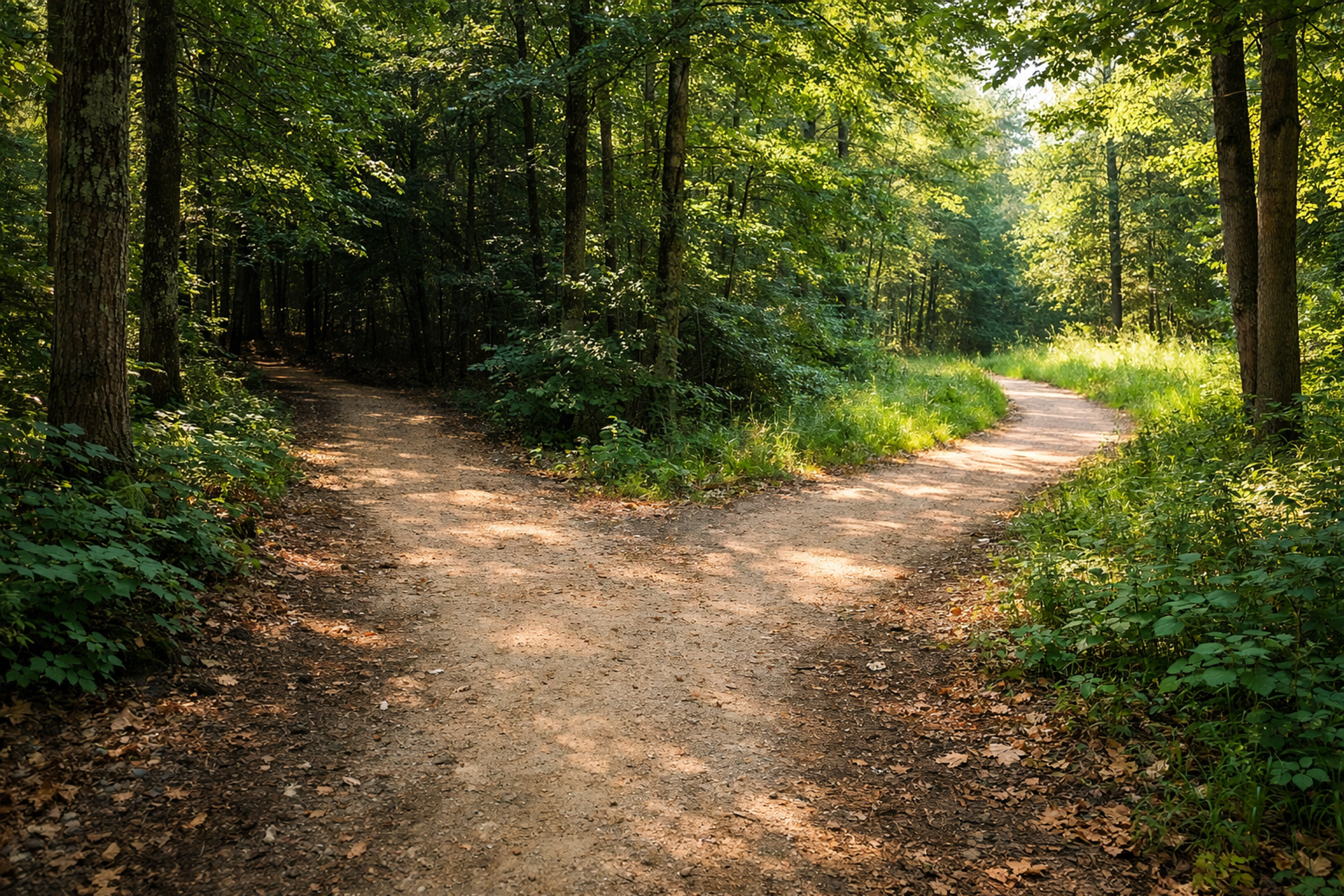 A Y-fork in a forest hiking trail — two paths diverging from one starting point through dappled sunlight.