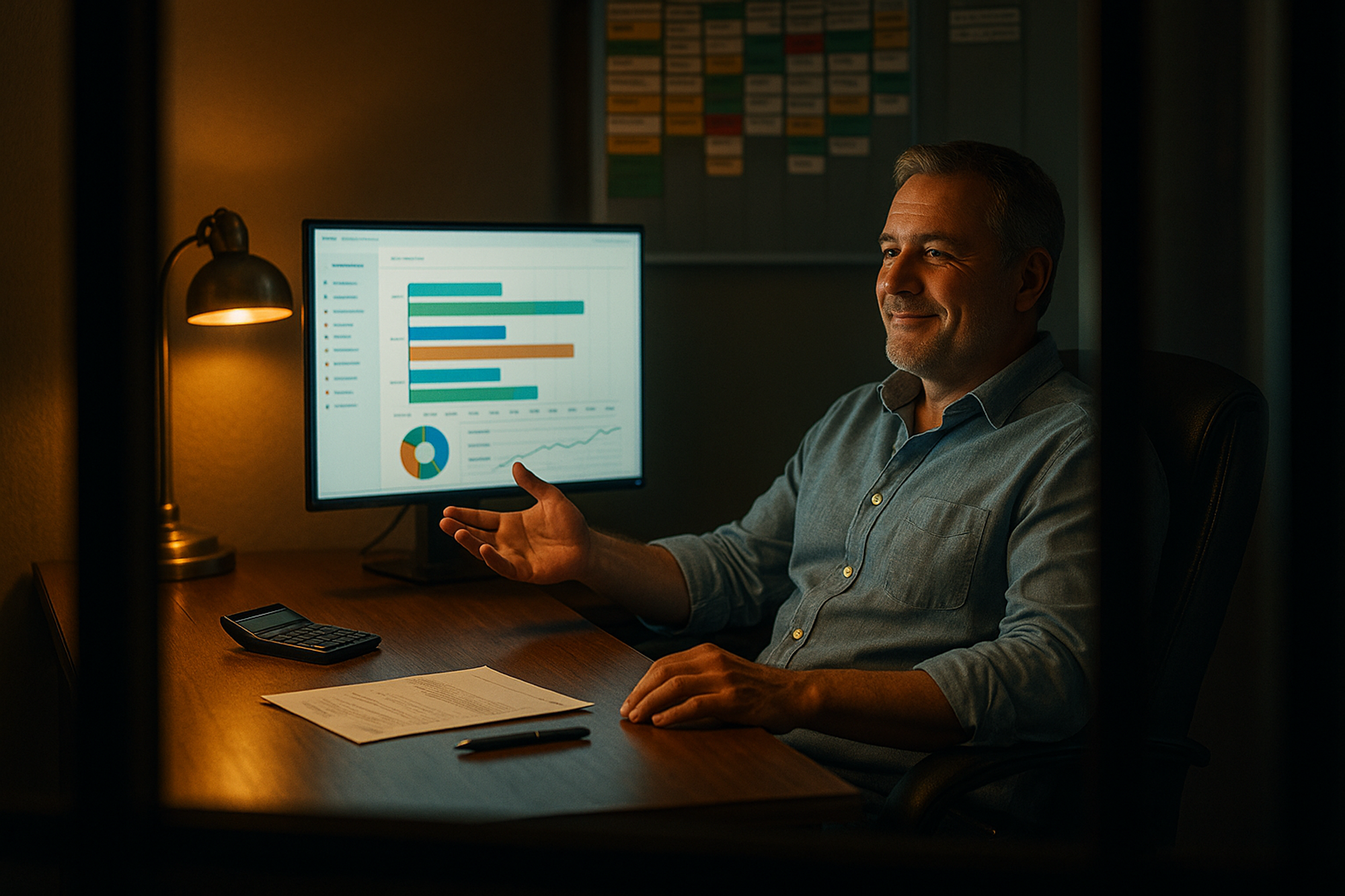A contractor's weathered hand circling the top row of a simple three-row performance report with a red marker — the tallest bar clearly in the lead — with a calculator and folded work order softly blurred in the background: the moment you finally know which campaign is making you money.