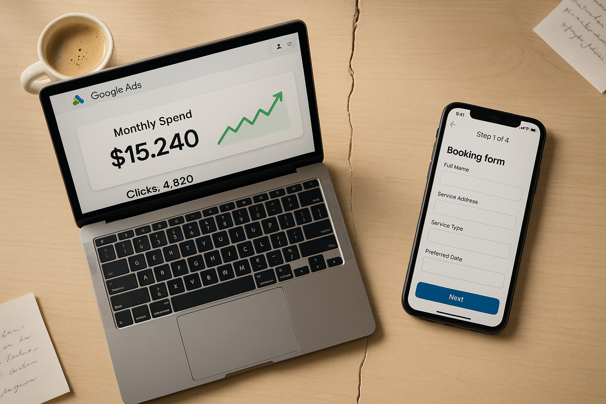 High ad spend on the left, a homeowner abandoning a complex mobile booking form on the right -- the gap between marketing investment and actual bookings
