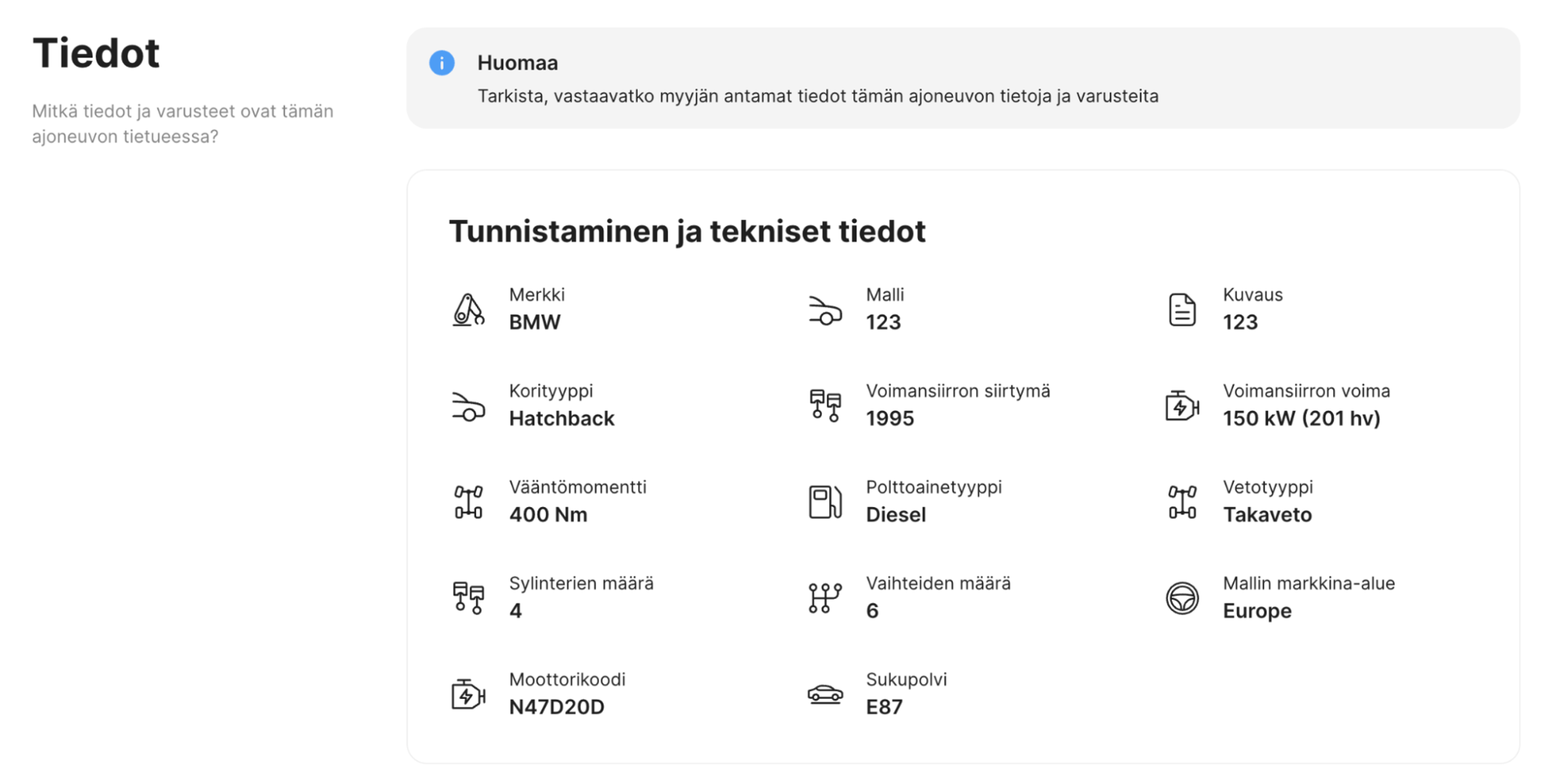 Alkuperäiset auton tekniset tiedot purettuna