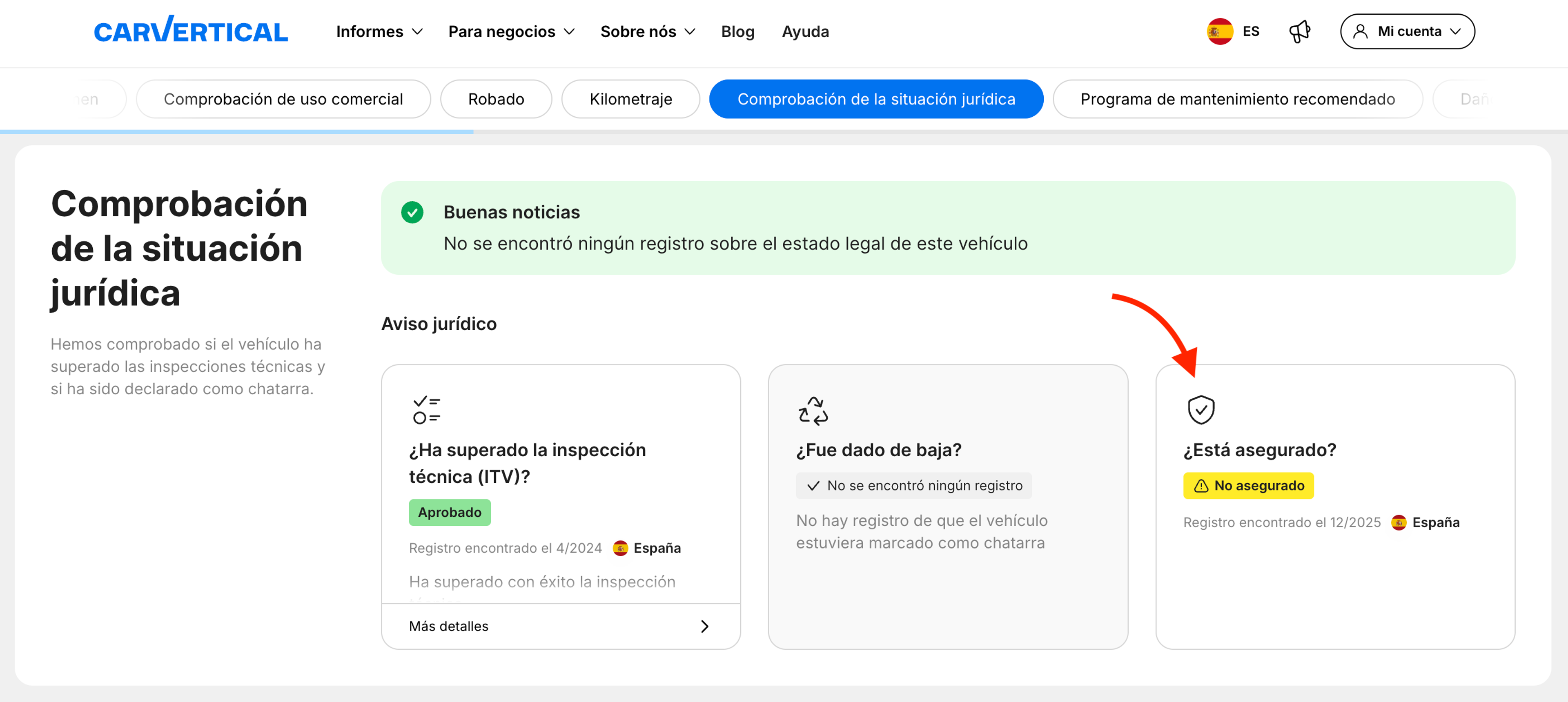 Tarjeta de seguro del coche en el informe de carVertical