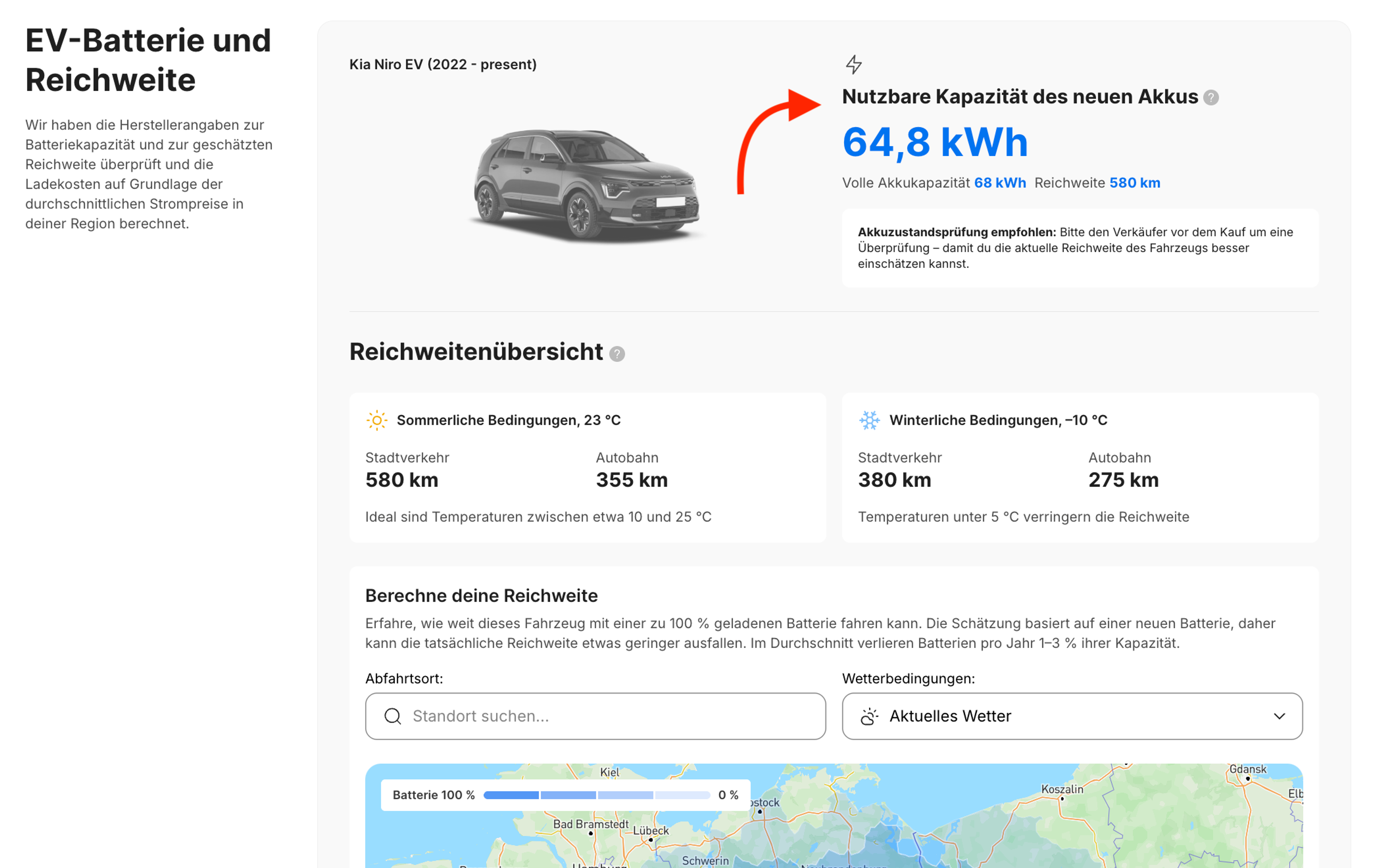 Die Kapazität der Fahrzeugbatterie und die geschätzte Reichweite sind im Berichtsabschnitt „EV-Batterie und Reichweite“ aufgeführt