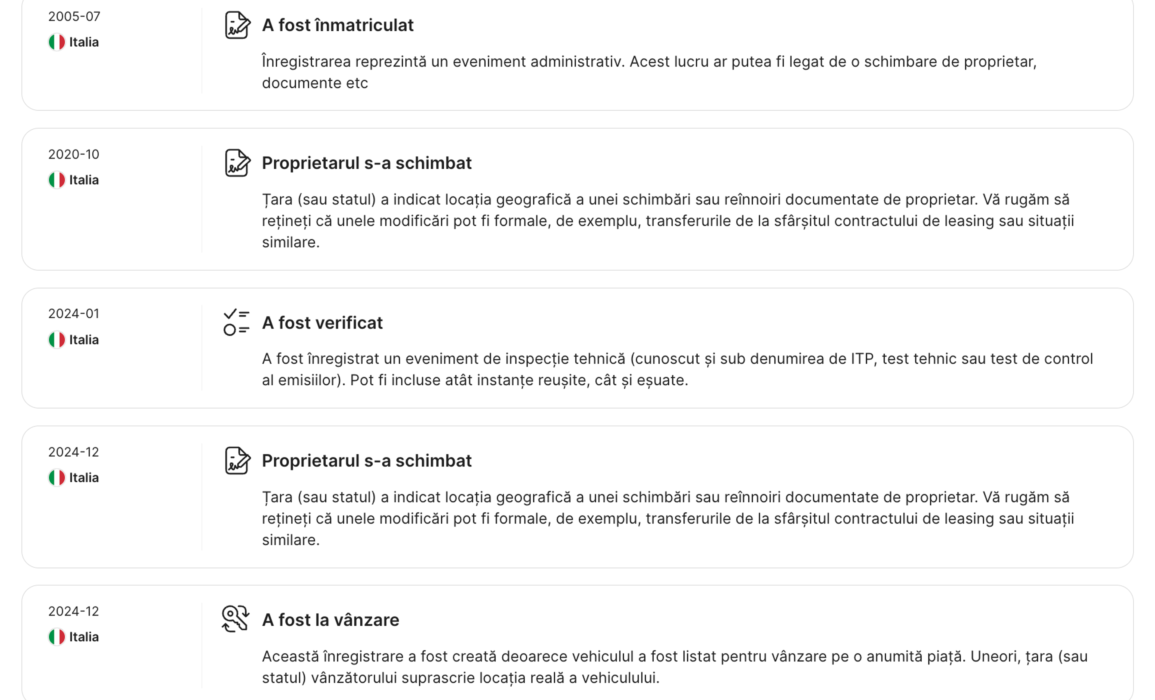 Evenimentele prin care a trecut mașina, prezentate cronologic în raport