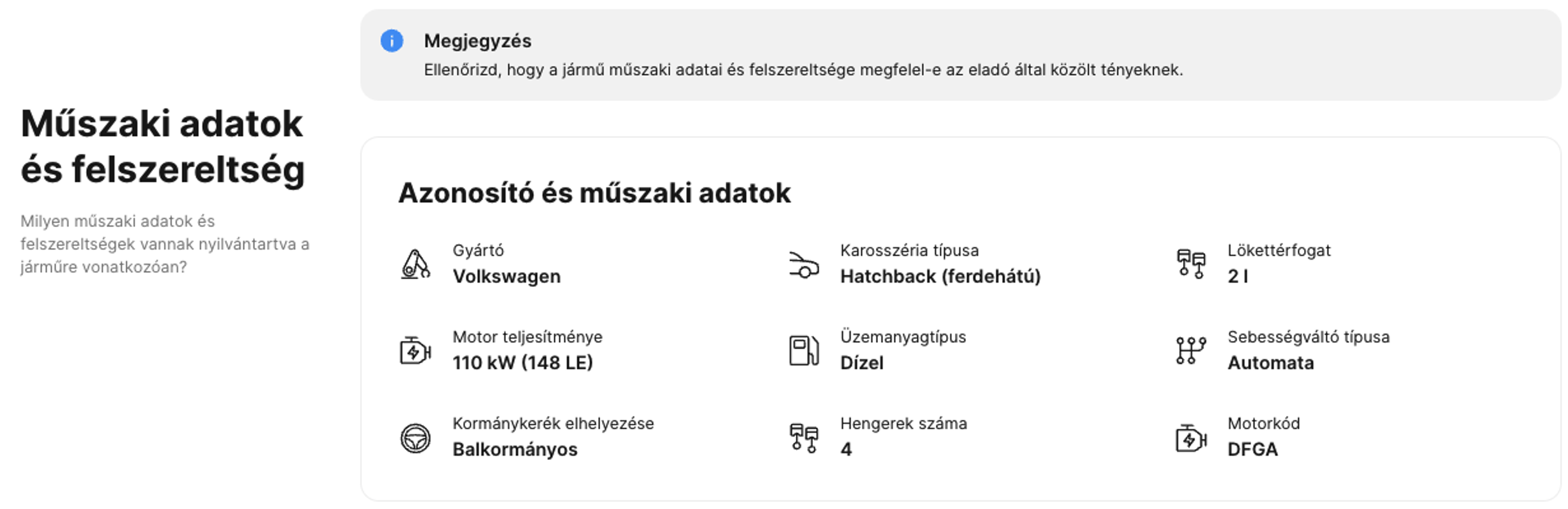 Műszaki adatok és felszereltség egy carVertical járműtörténeti jelentésben