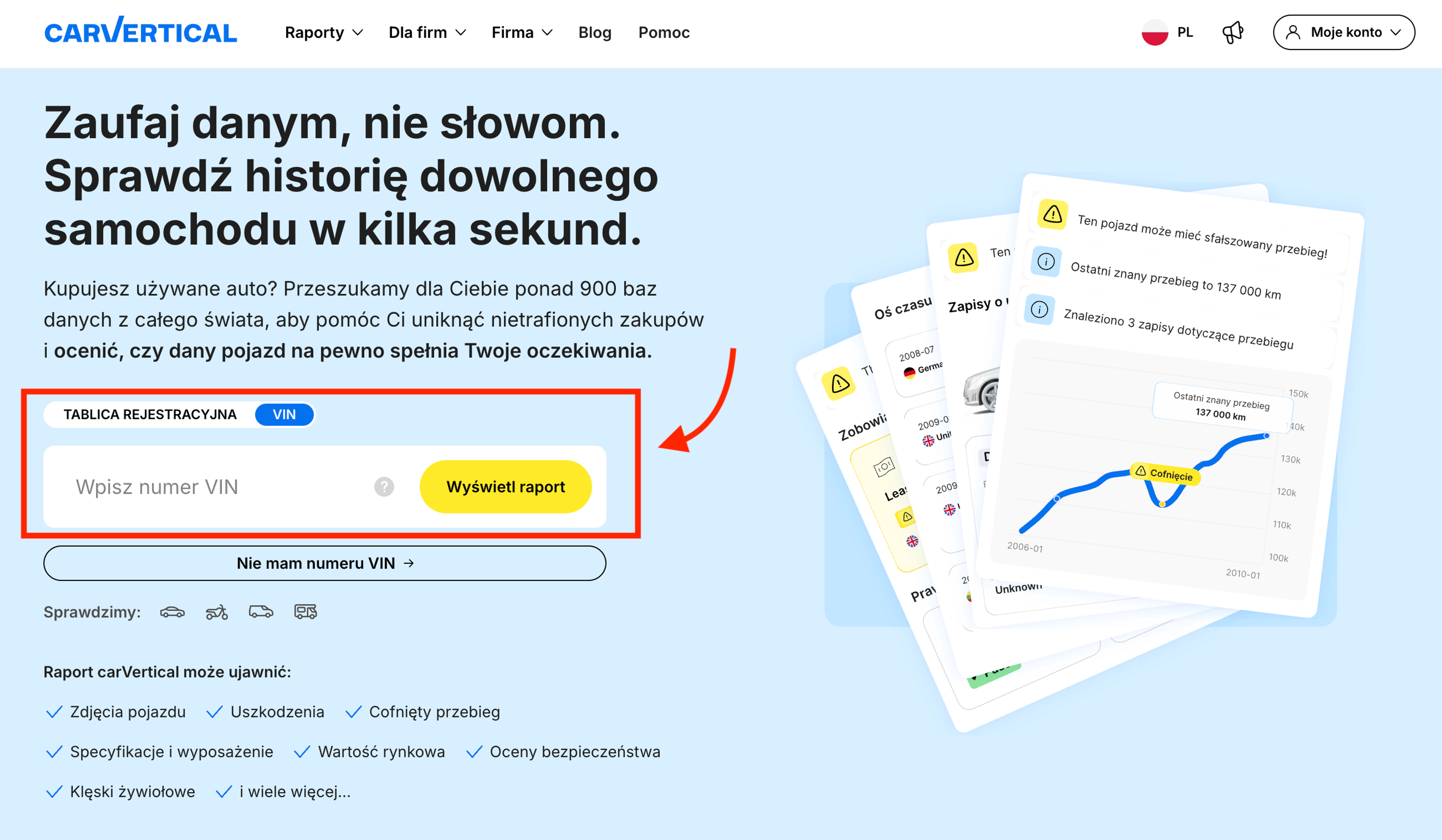 Pole „Wpisz numer VIN” na stronie głównej carVertical do sprawdzenia historii pojazdu
