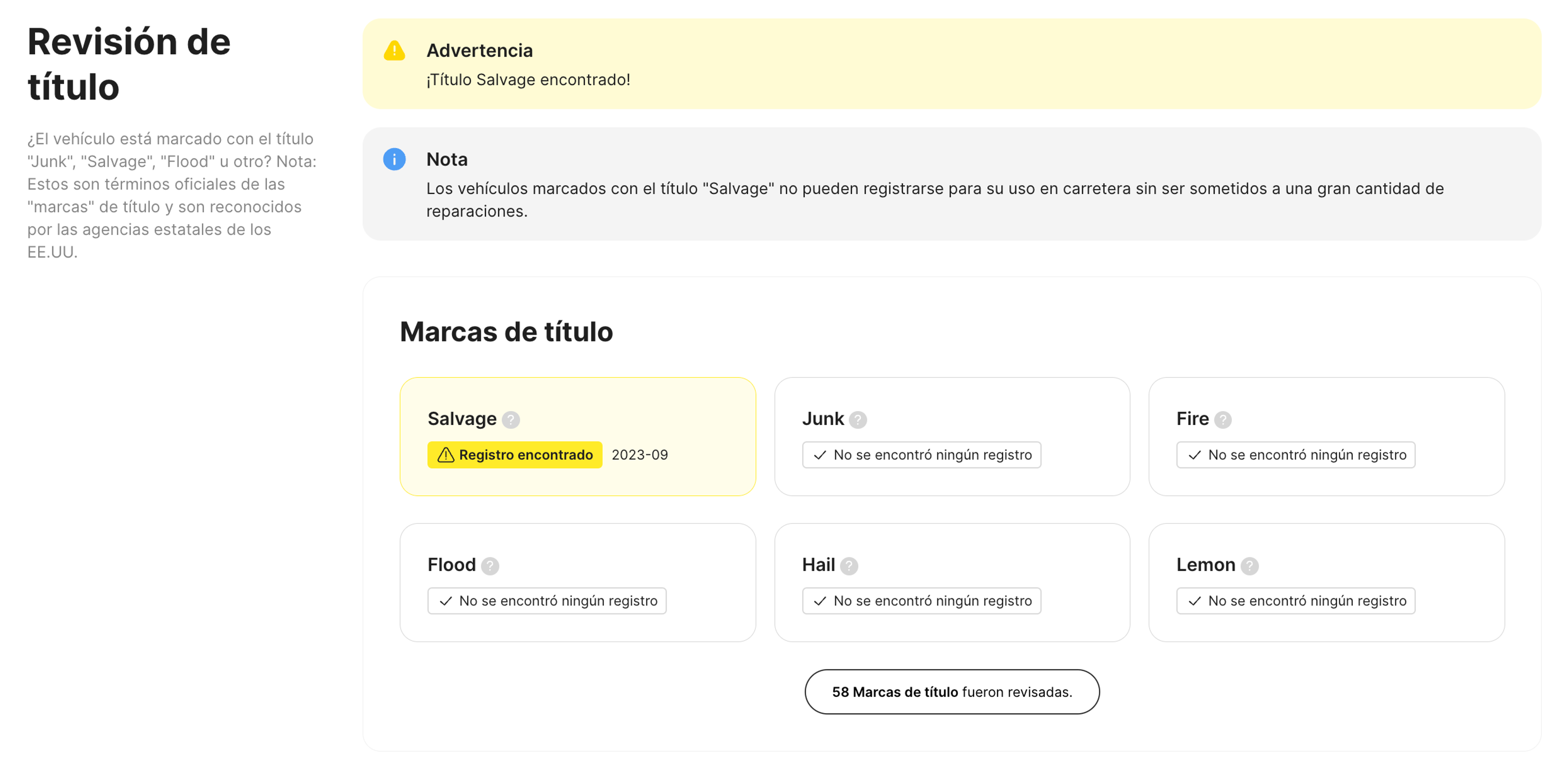 Título de salvamento encontrado en un informe carVertical
