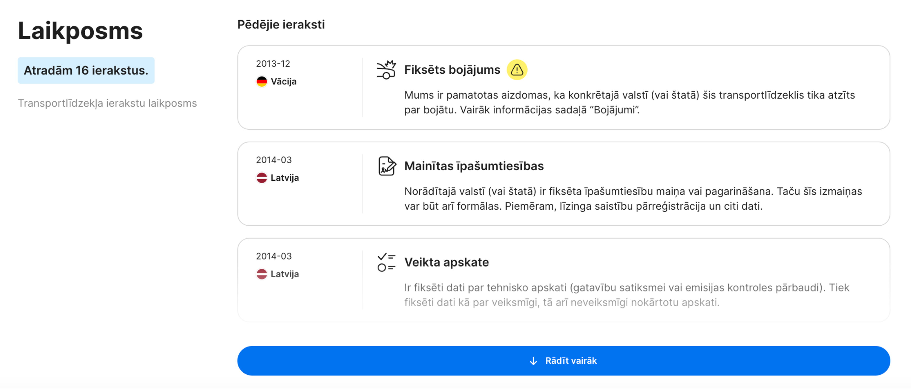 laika skalas sadaļa carVertical pārskatā