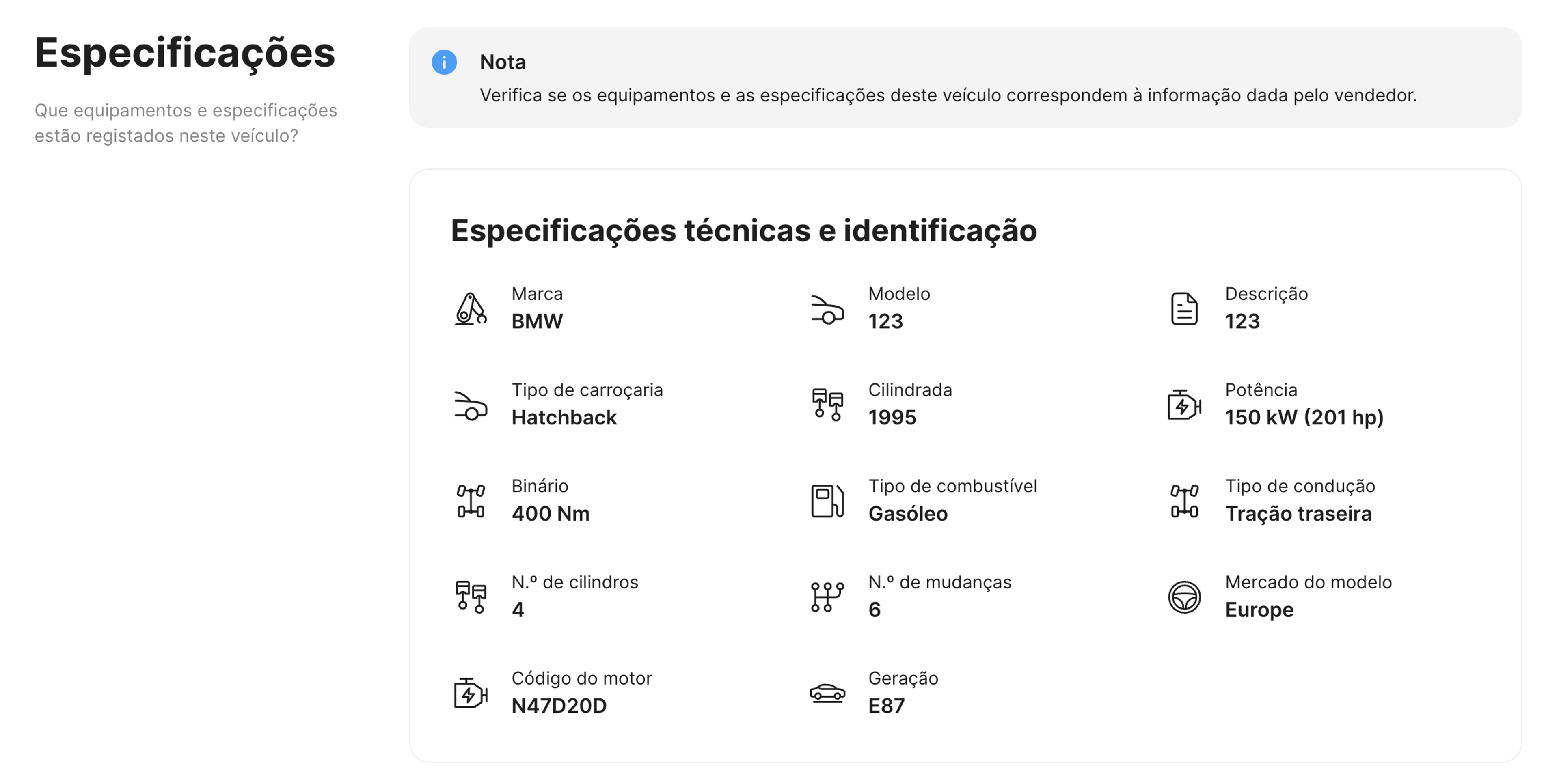 Especificações de um veículo num relatório histórico da carVertical