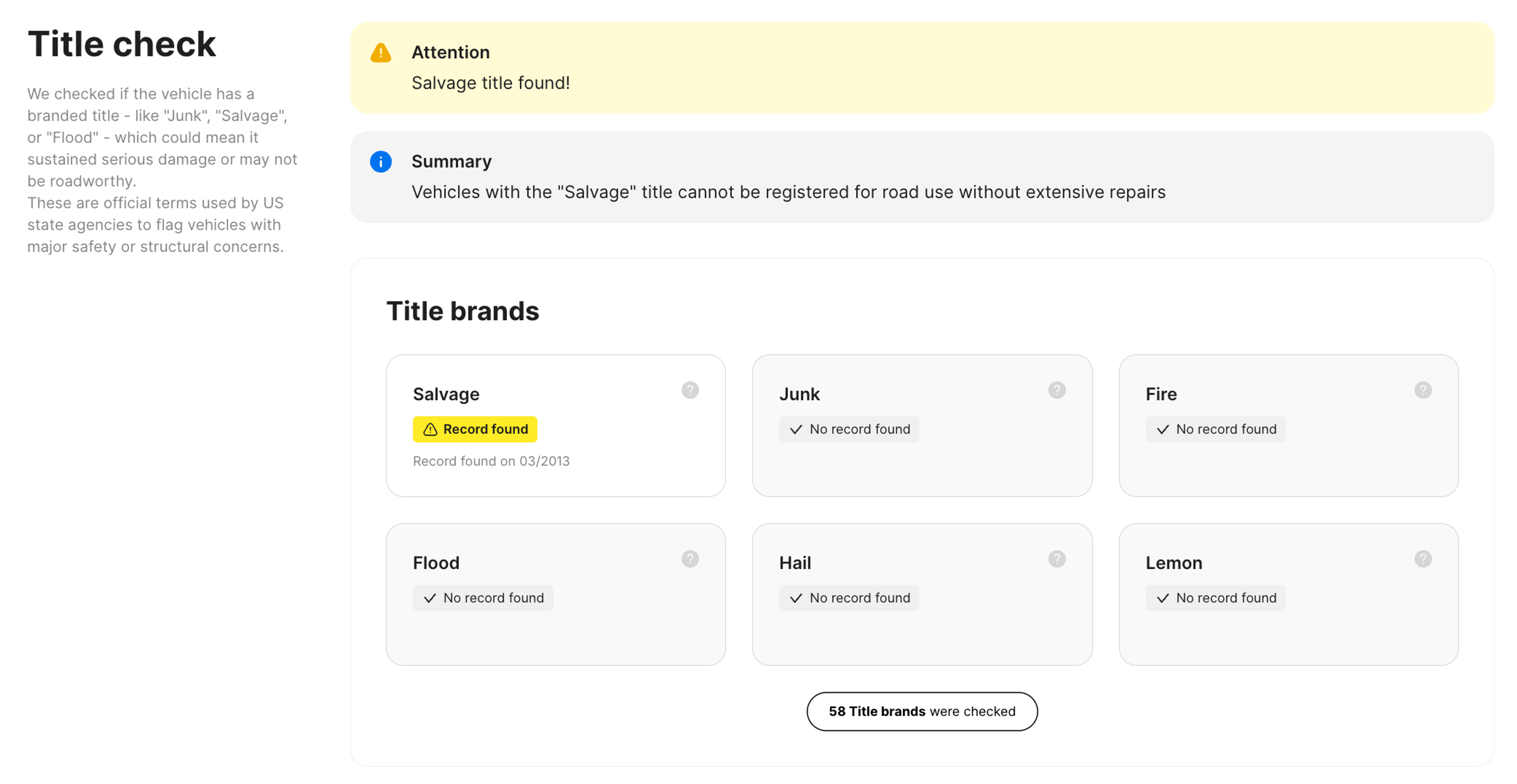 Title check section in the carVertical report showing a salvage title brand