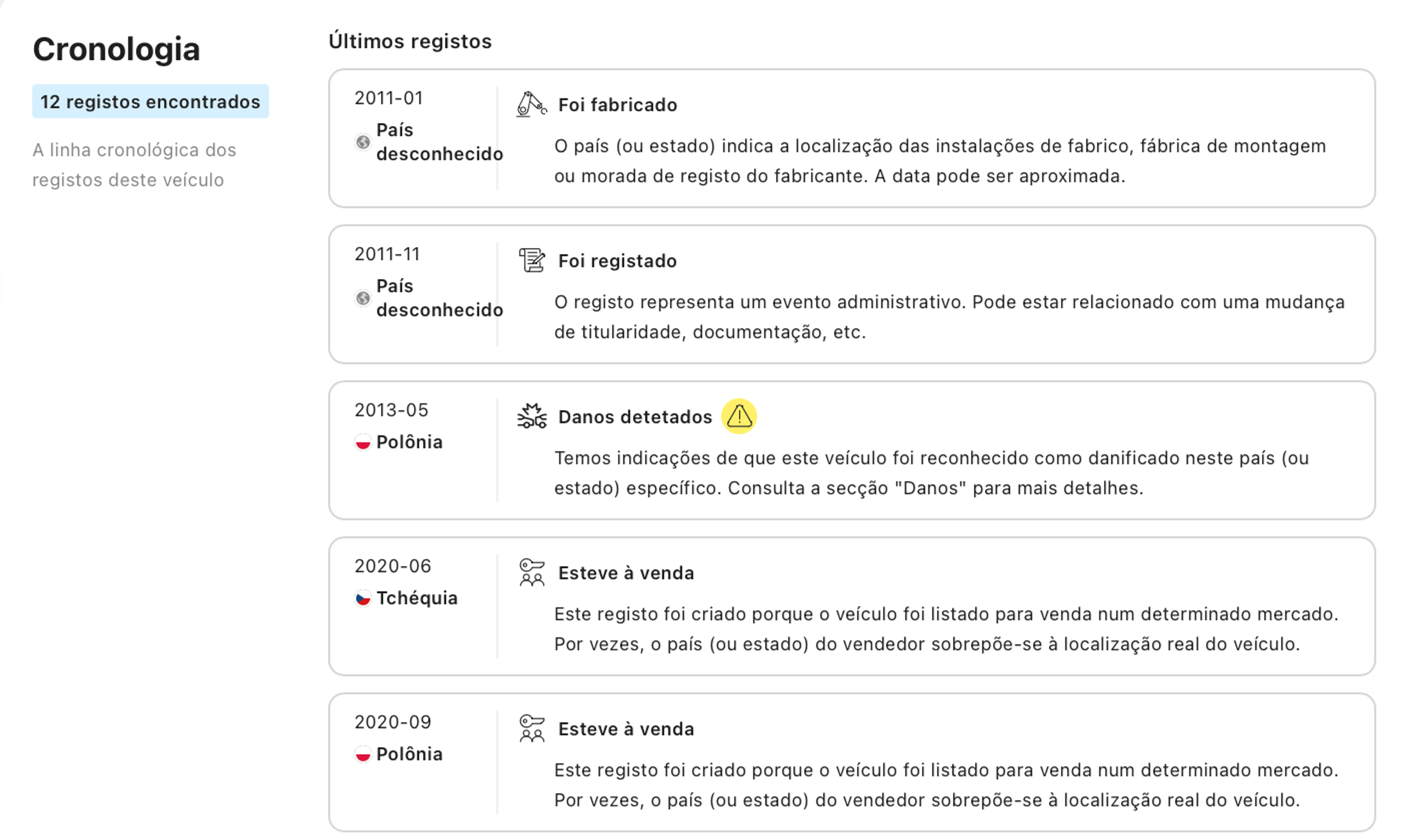 Registros em um relatório de histórico do veículo