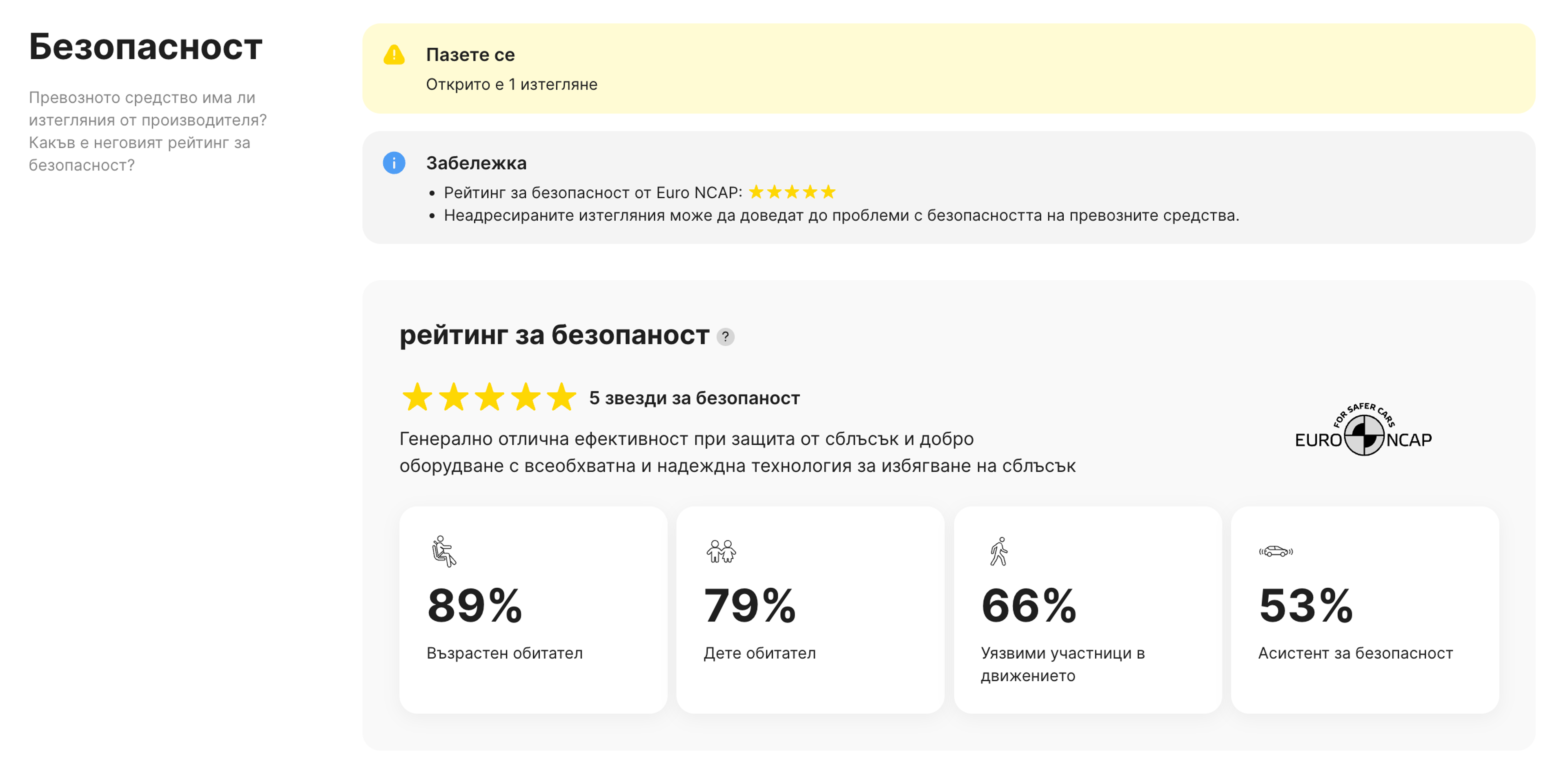 Информация за раздела за безопасност в отчета carVertical