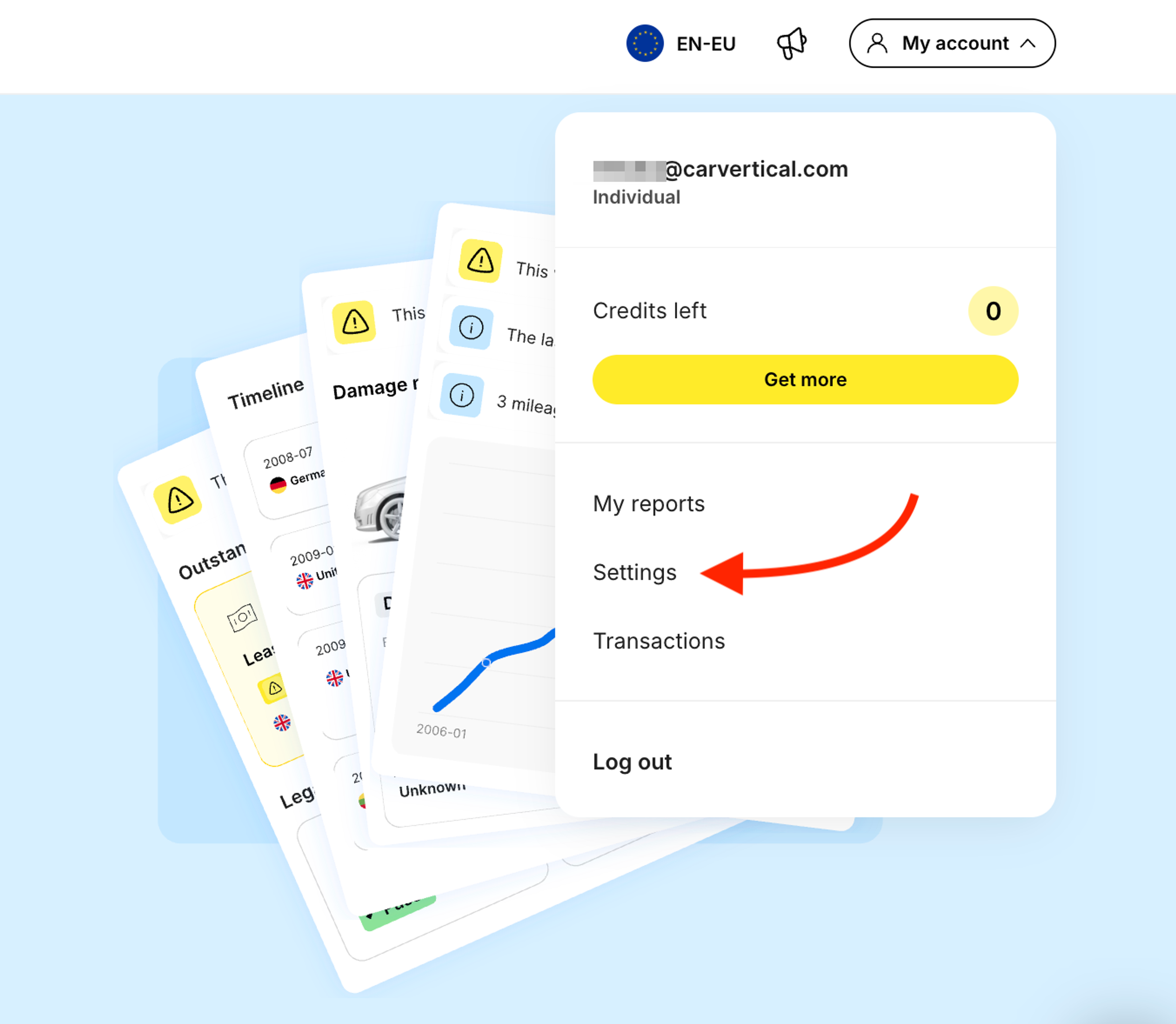 paramètres sur la page carVertical