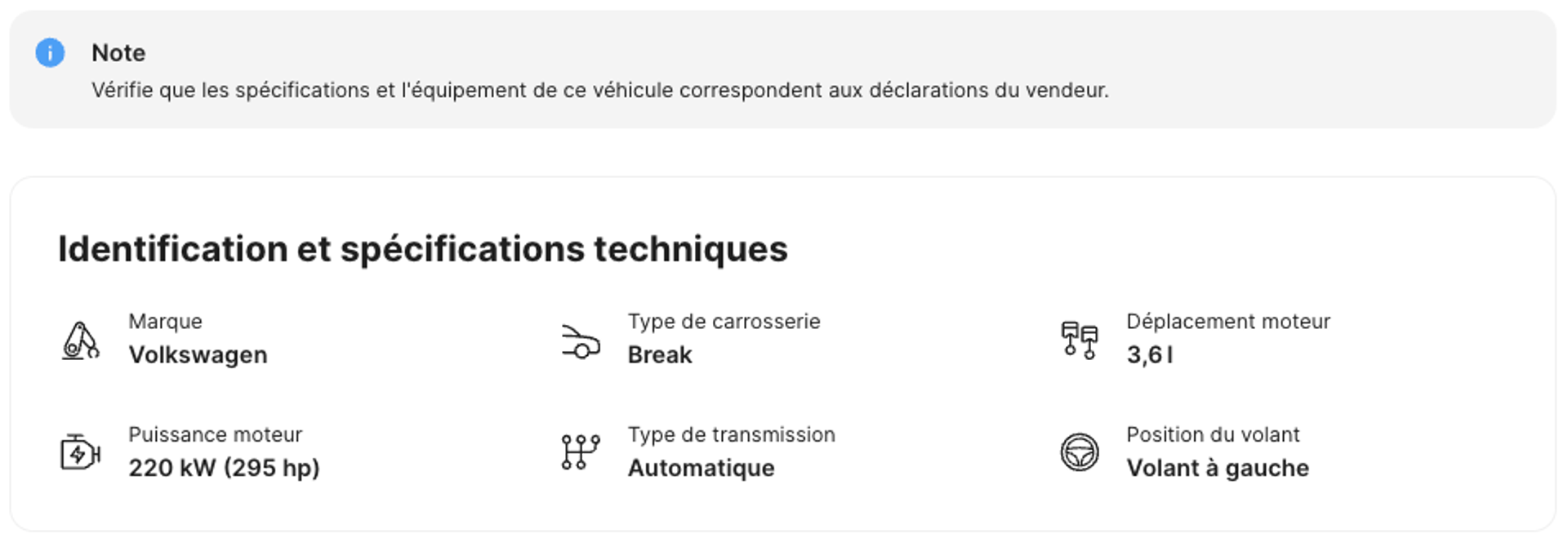 Spécifications et équipement dans un rapport d’historique de véhicule de carVertical