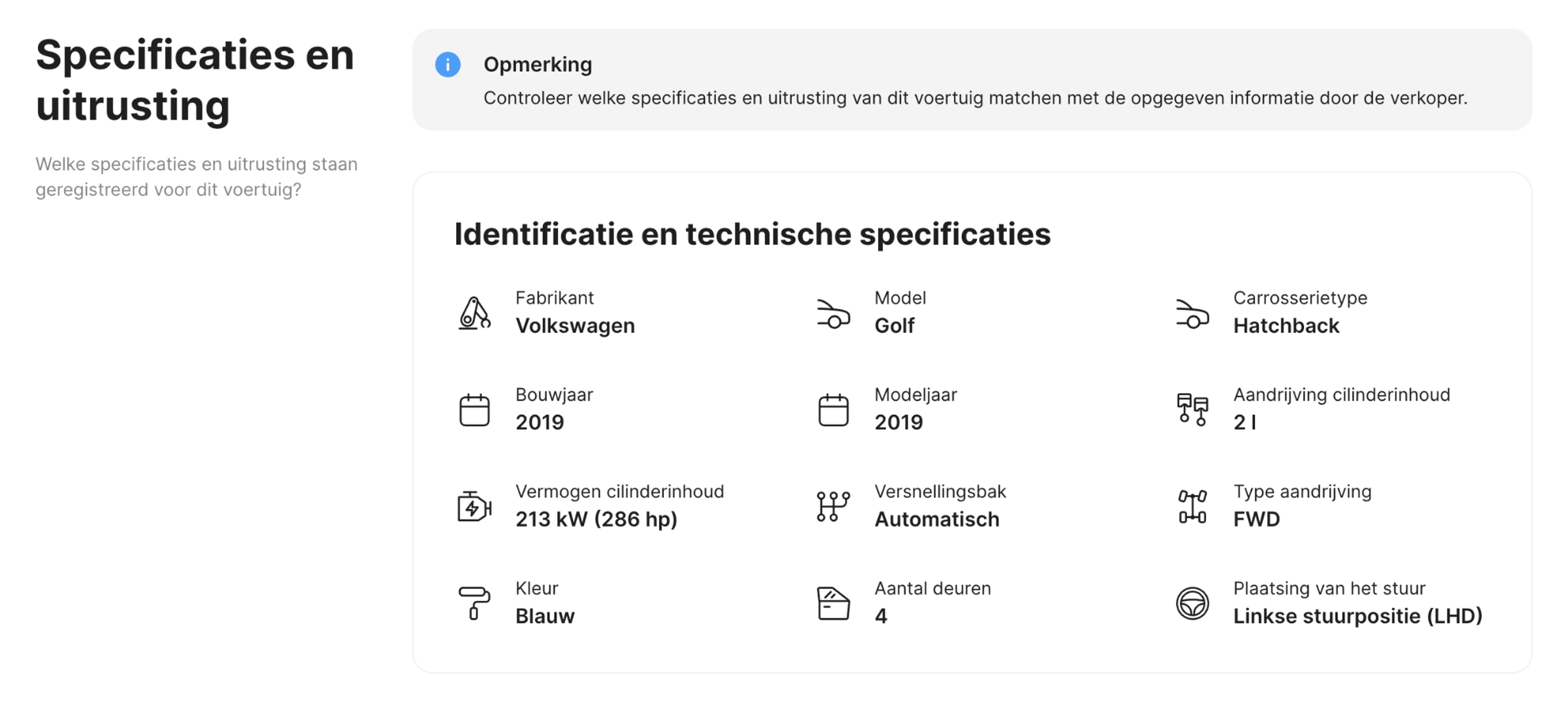 Specificaties en uitrustingssectie in carVertical-rapport