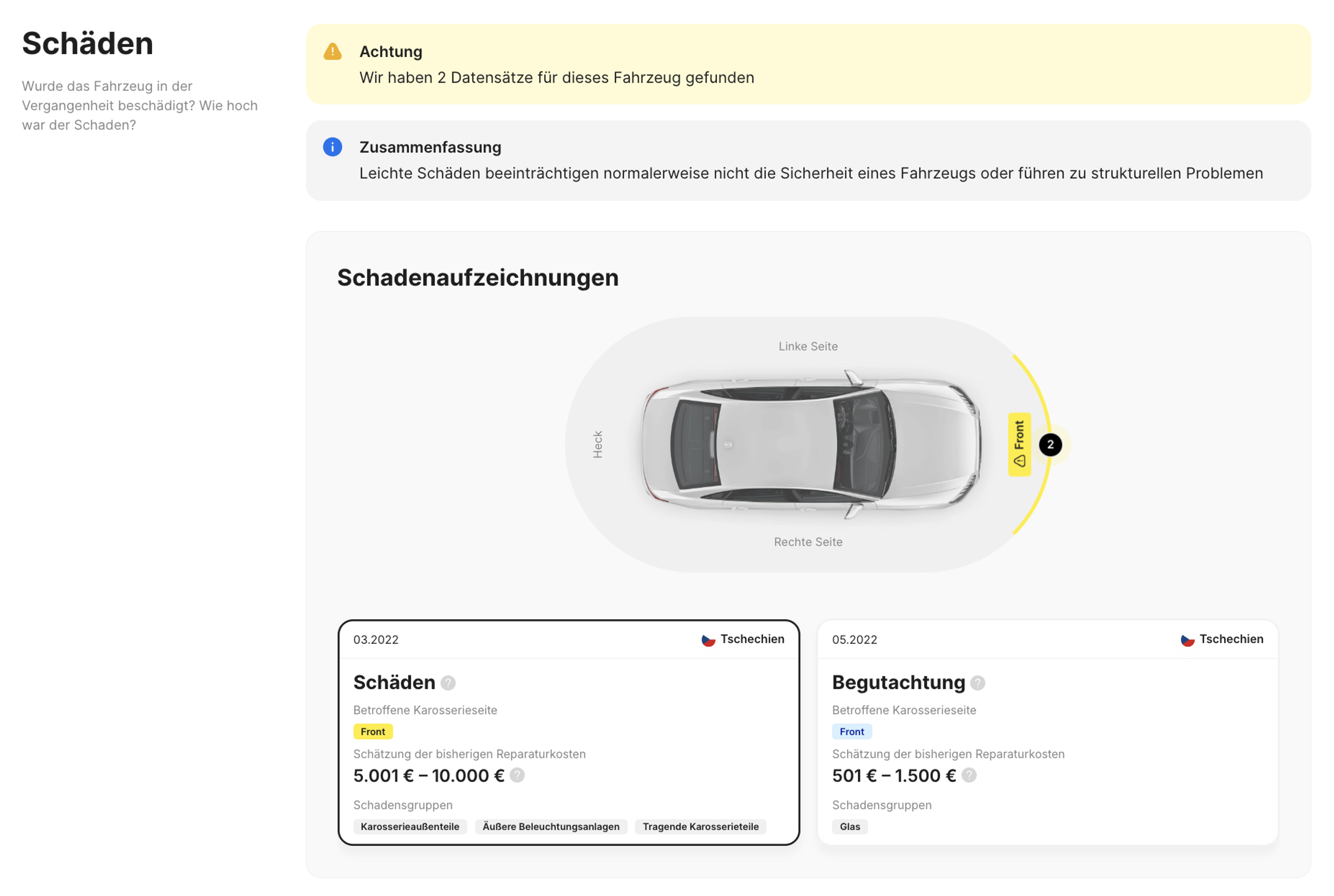Schadensaufzeichnungen aus einer Fahrzeughistorie
