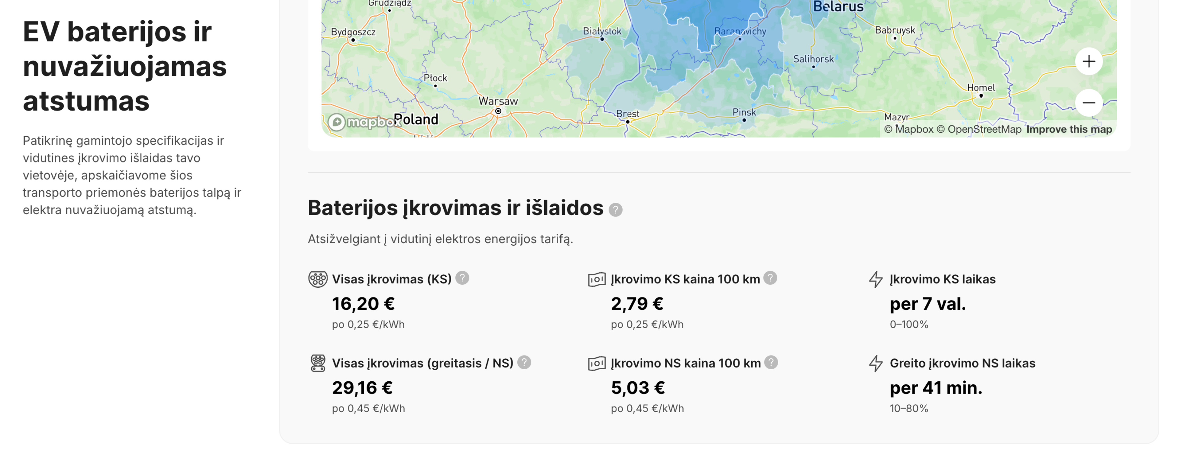Elektromobilio įkrovimo laiko ir išlaidų prognozės transporto priemonės ataskaitoje.