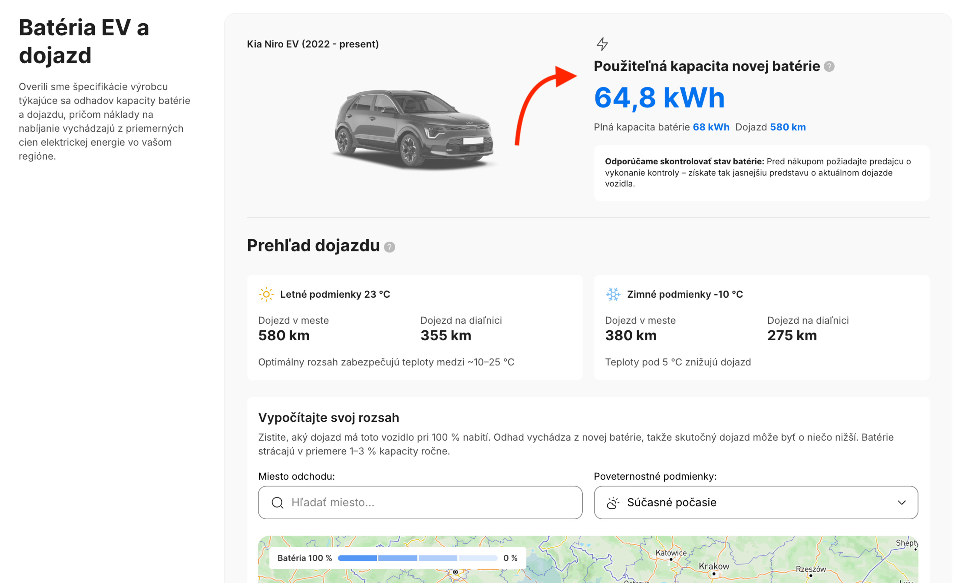 Kapacita batérie elektromobilu a odhadovaný dojazd v sekcii batérie a dojazdu v prehľade.