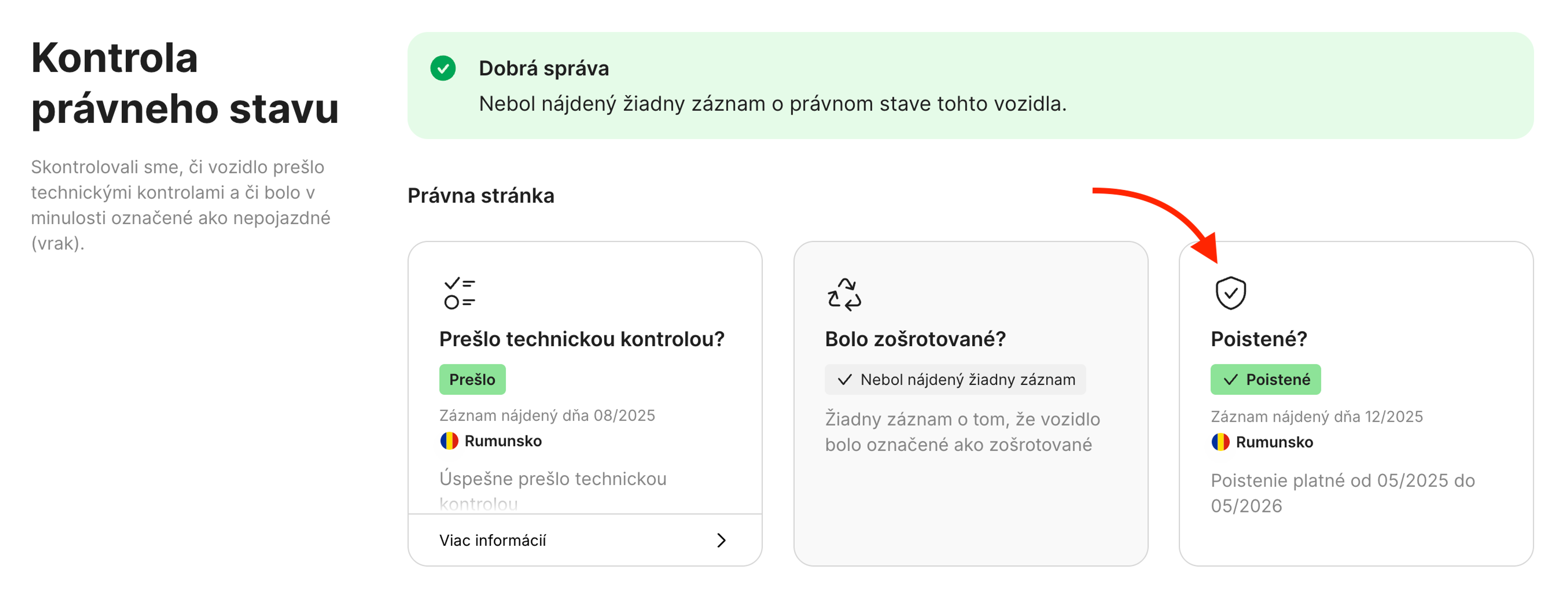 Karta Poistenie v sekcii Kontrola právneho stavu vozidla