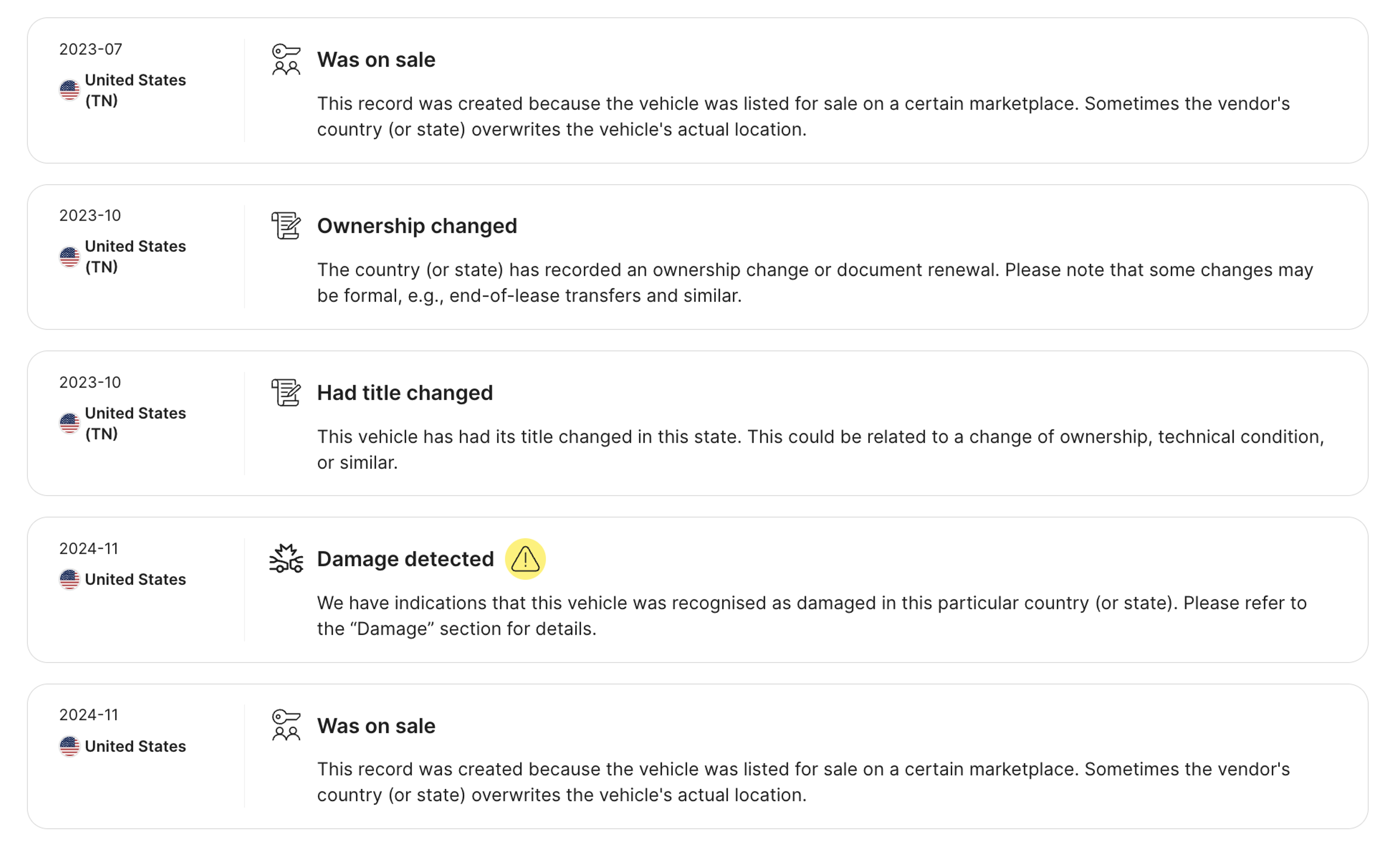 records found in a timeline section of carVertical report