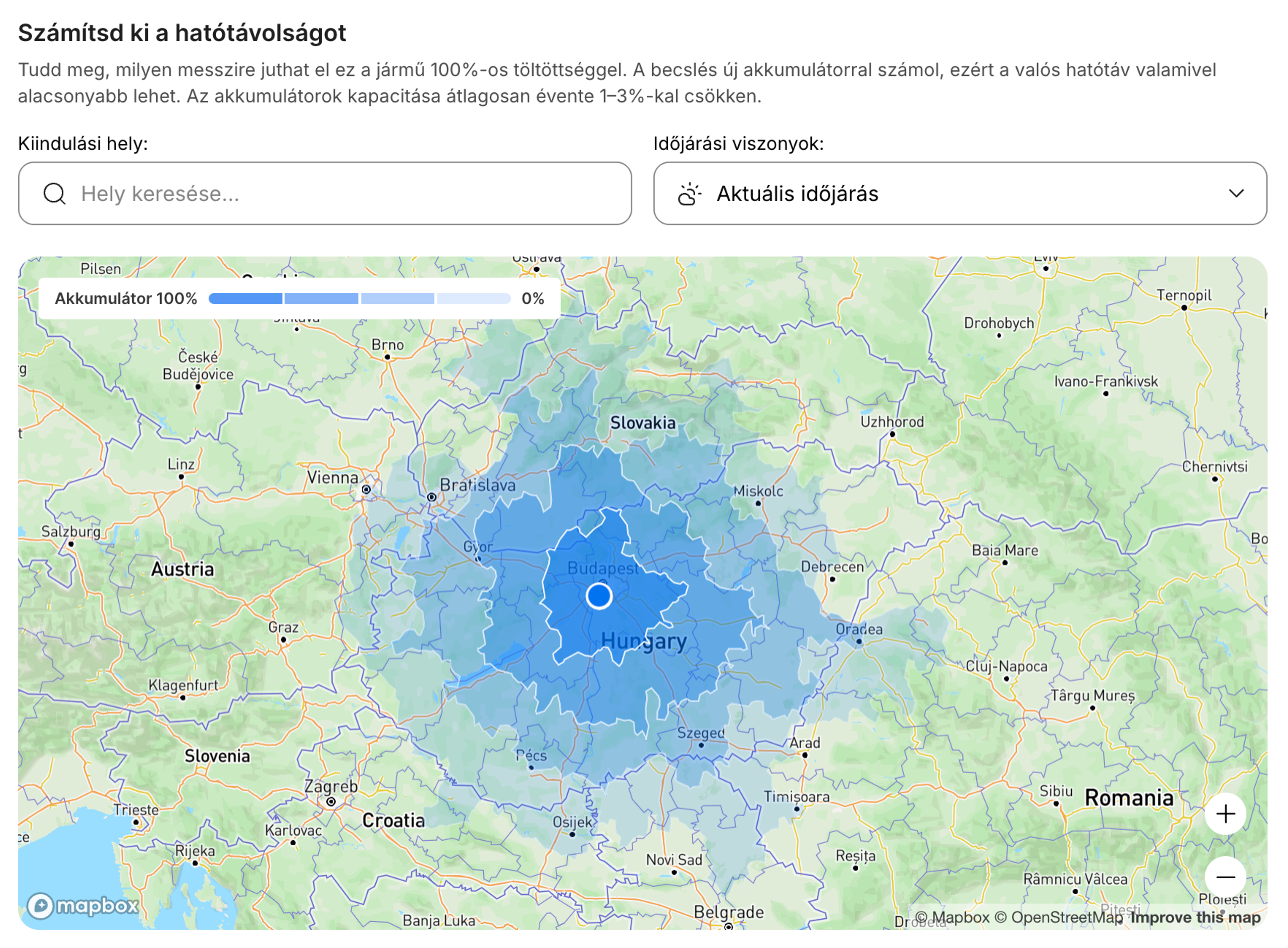 Interaktív EV-hatótávtérkép a becsült megtehető távolsággal.