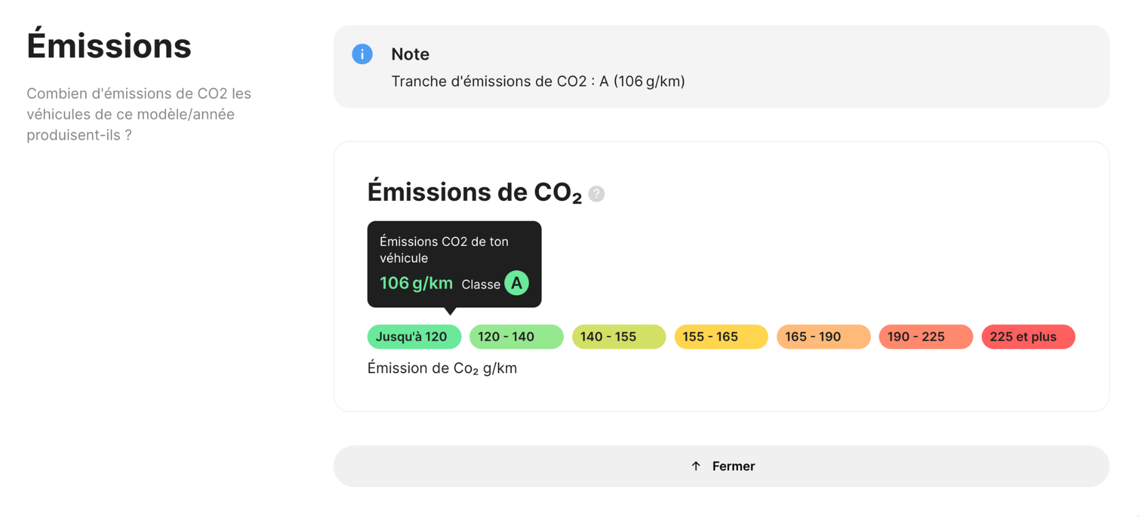 Section « Émissions » dans le rapport « CarVertical »