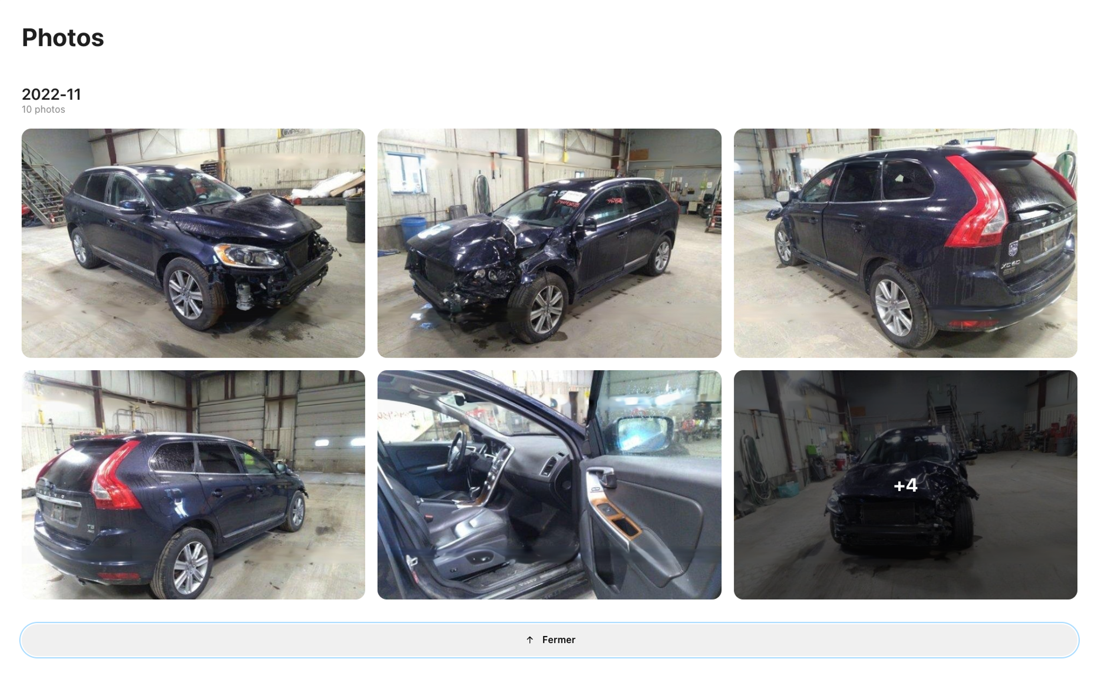 Voiture Volvo après un accident avec dommages avant dans un garage