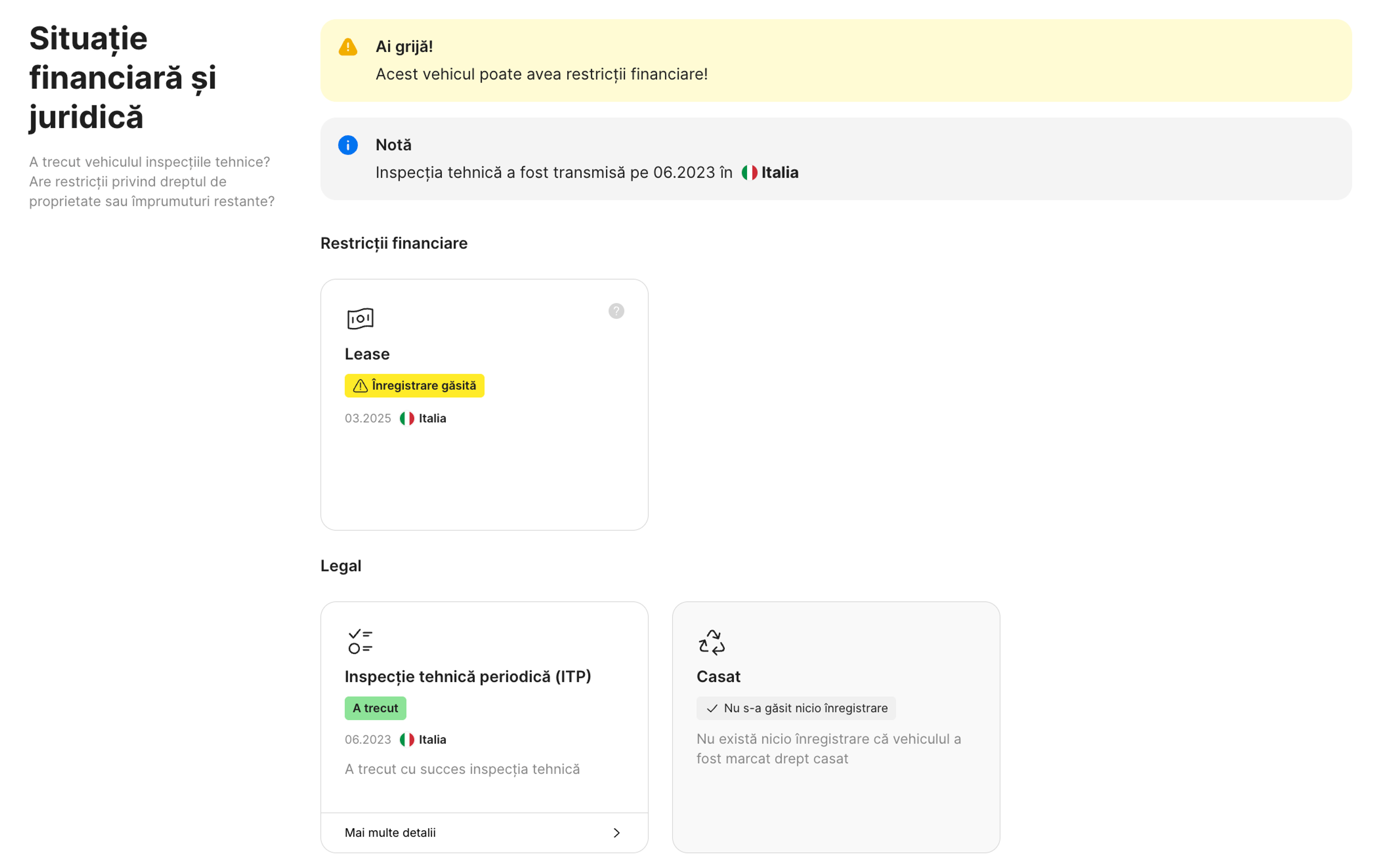 Înregistrare de leasing într-un raport carVertical
