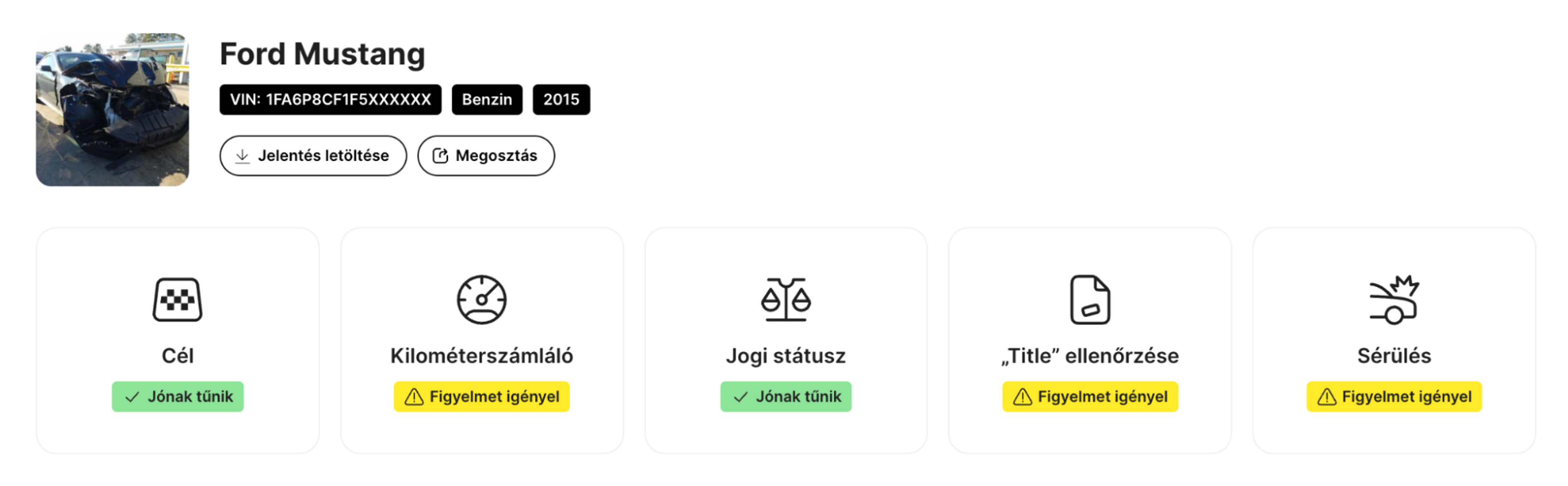 A carVertical jelentés szekciói