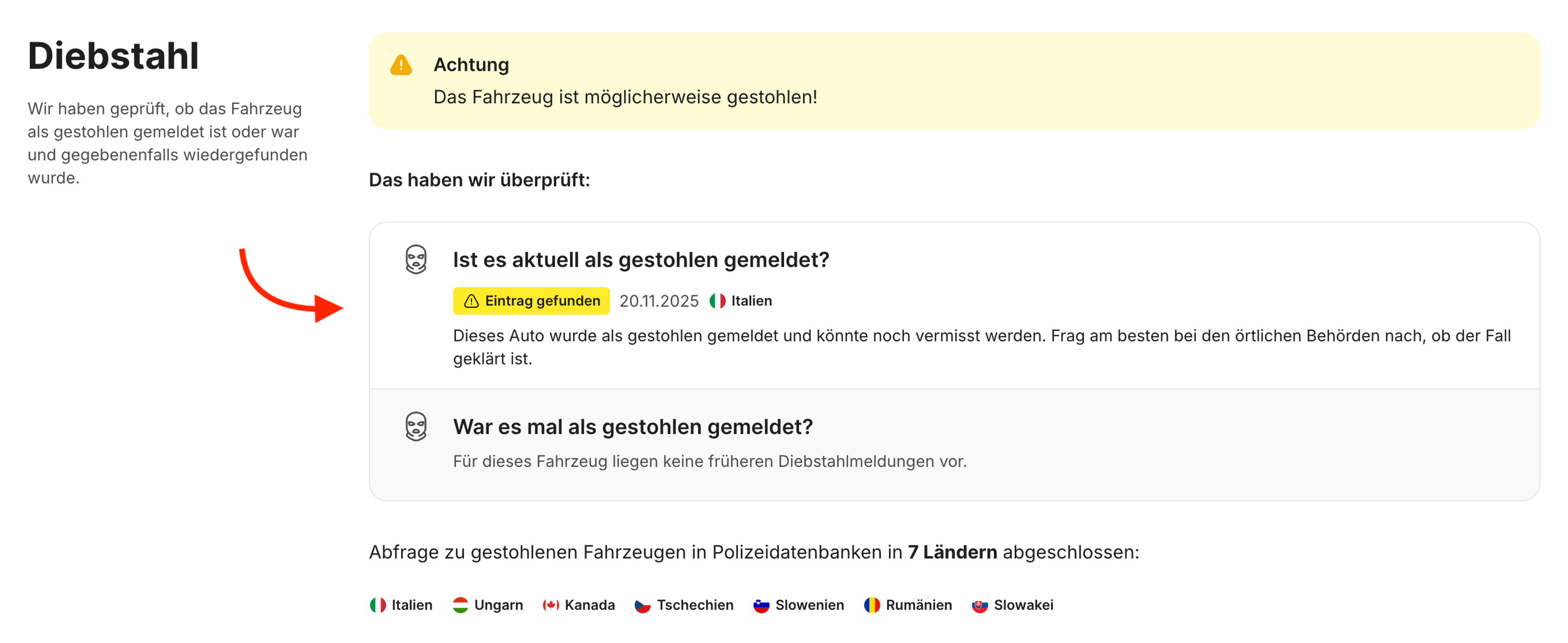 Diebstahl-Eintrag in einem carVertical-Bericht
