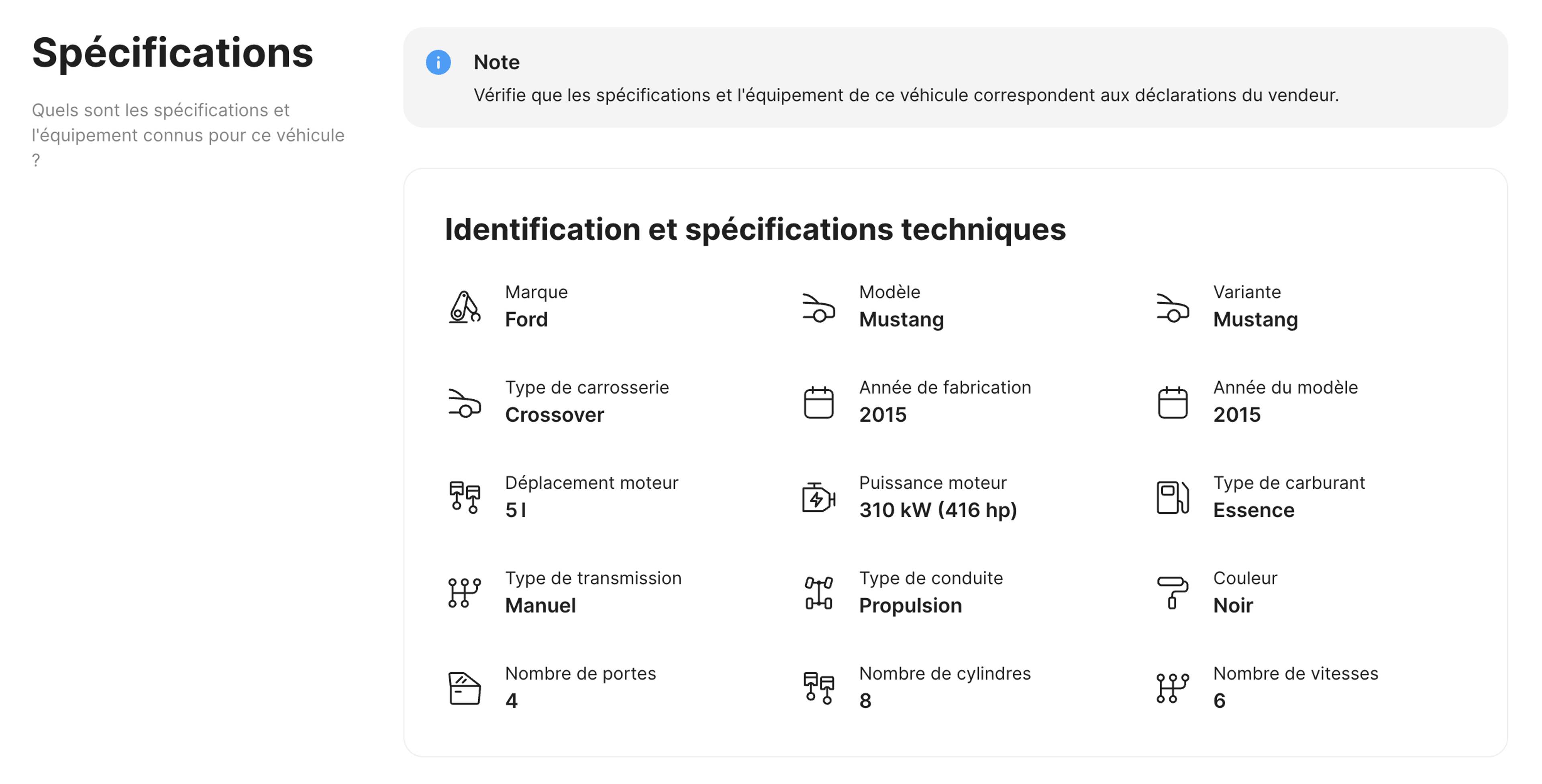 Spécifications d’une voiture listées dans le rapport