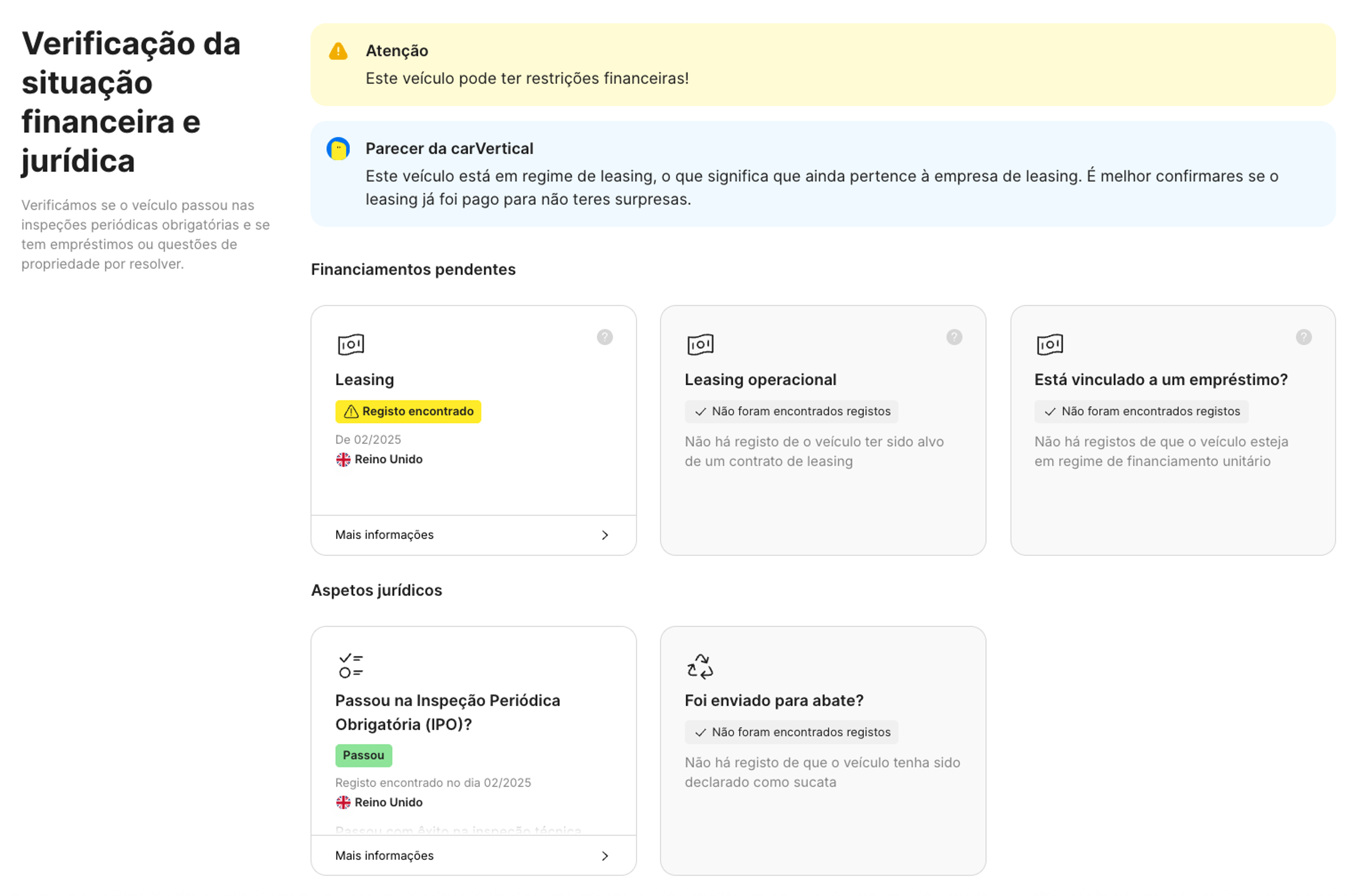 histórico financeiro e legal do veículo no relatório da carVertical