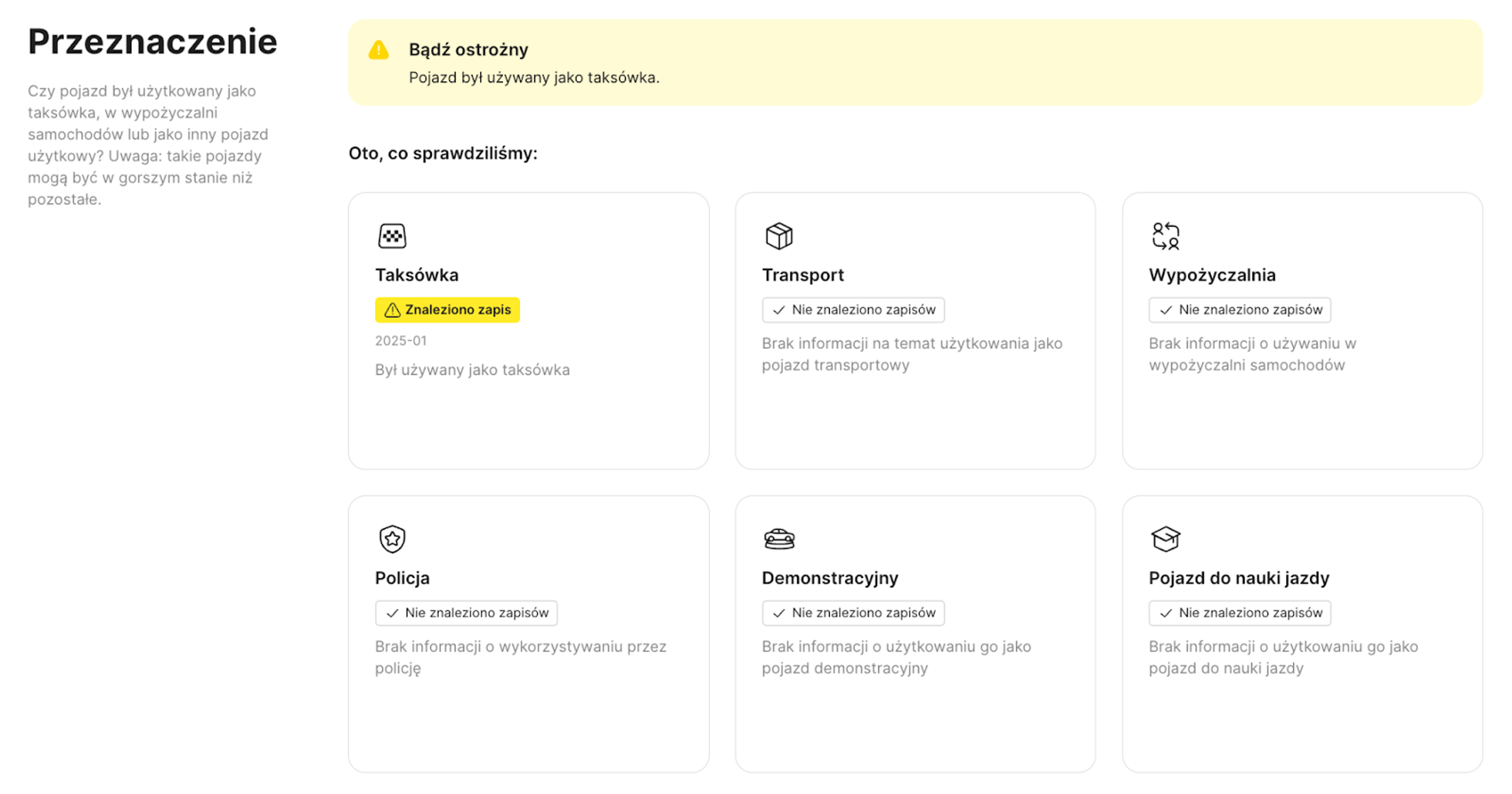 Wpis pokazujący, że samochód był używany jako taksówka