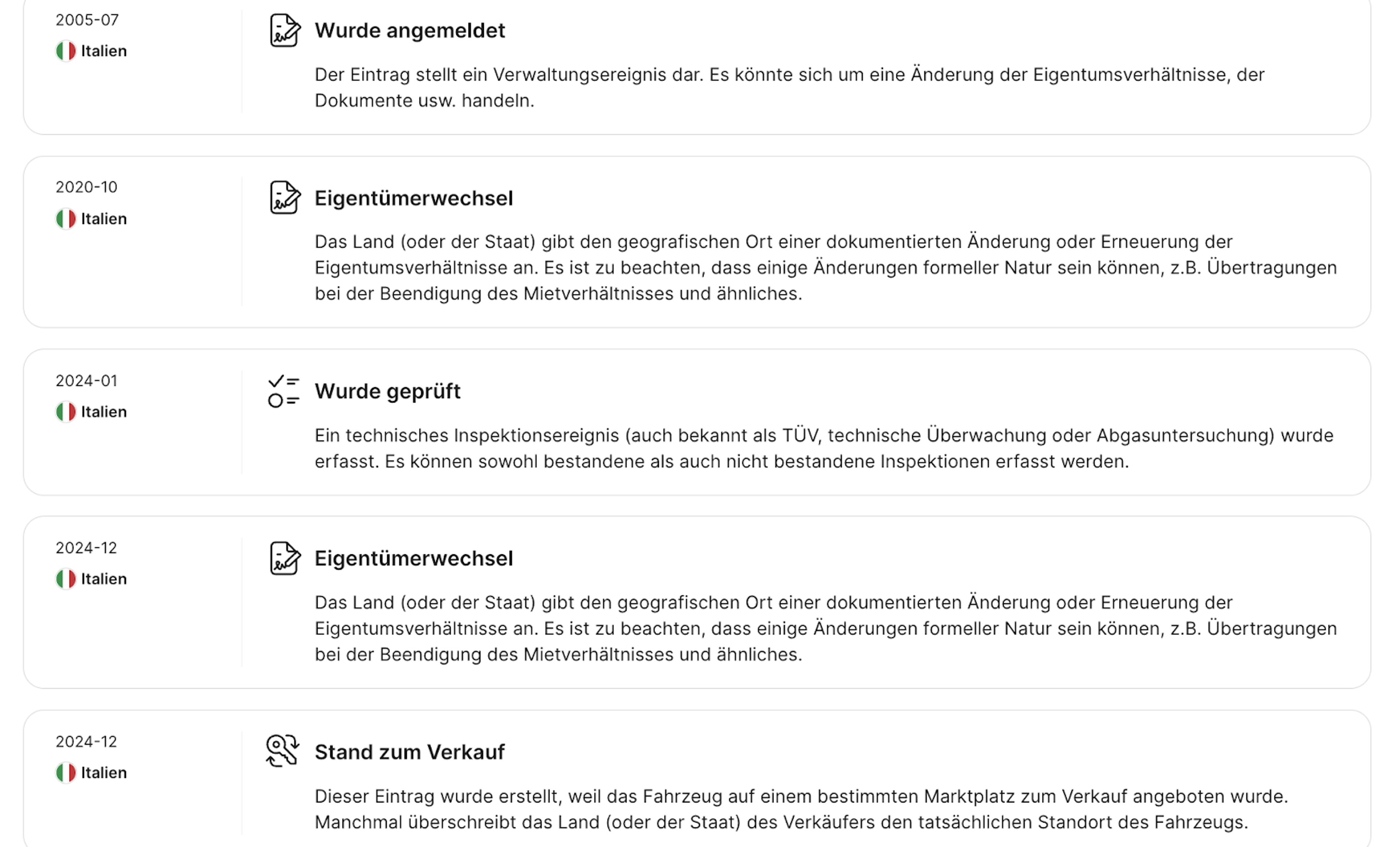 Chronologische Liste wichtiger Ereignisse im Leben eines Fahrzeugs