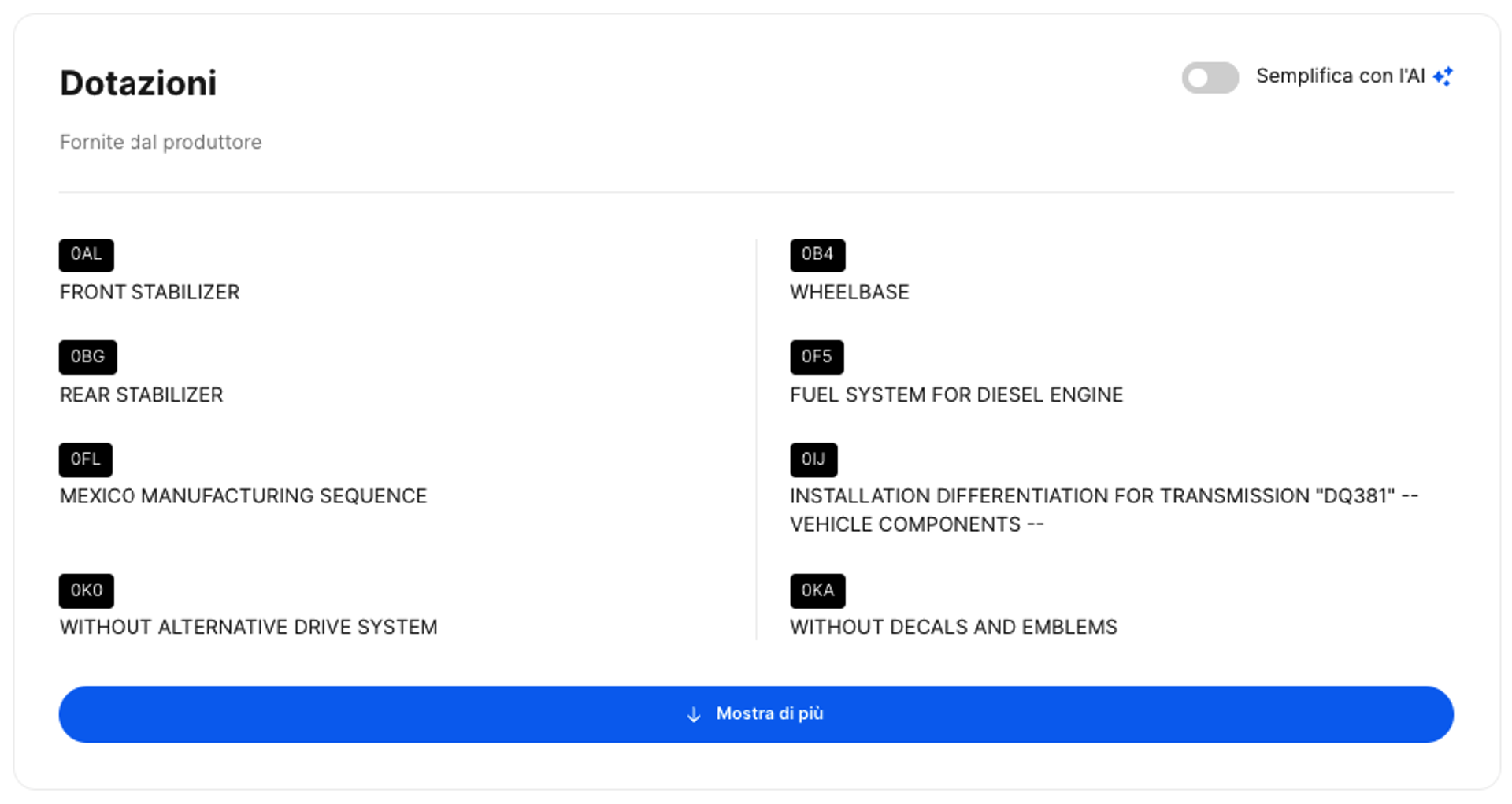 Dotazioni del veicolo visualizzate nel report carVertical