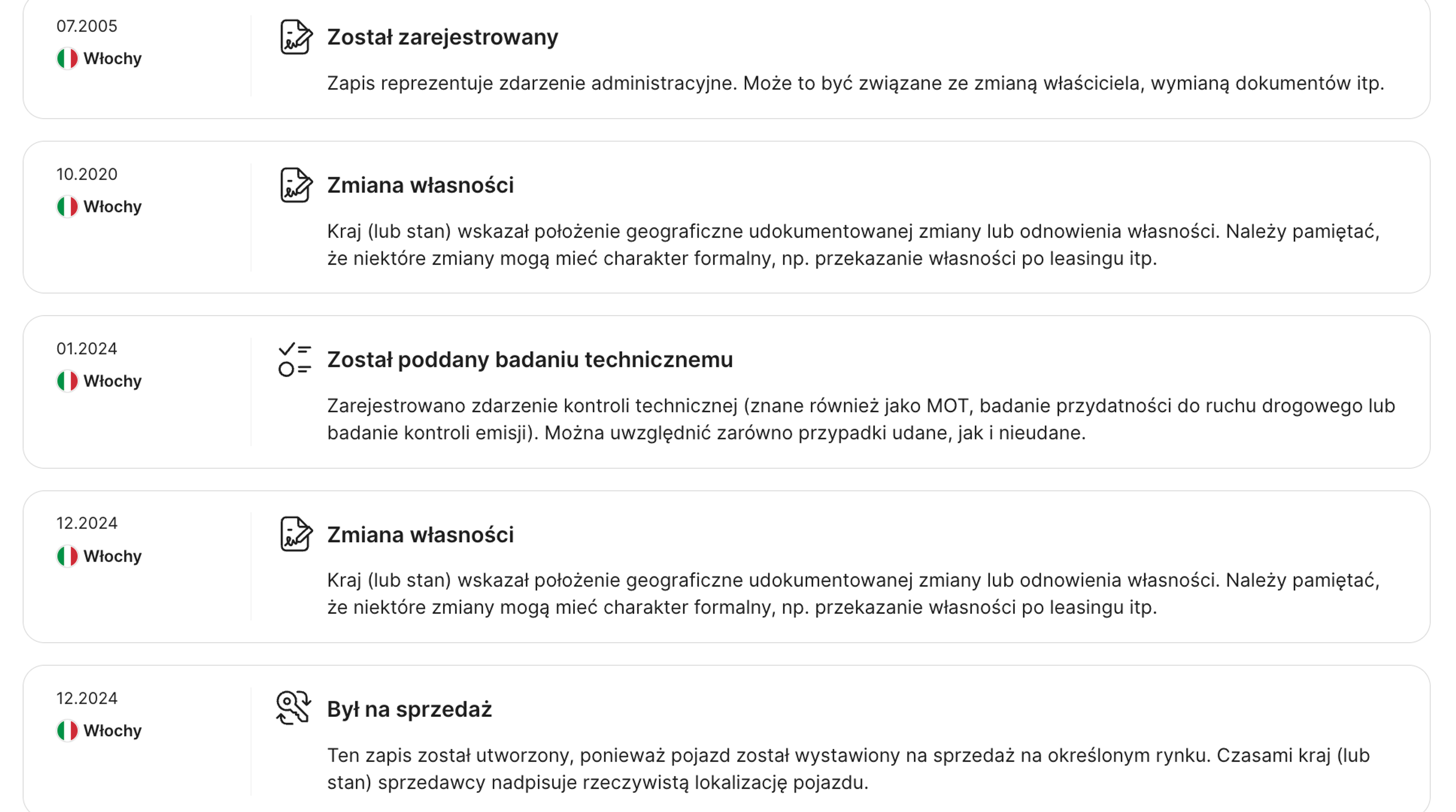 Częste zmiany właścicieli wykryte w sekcji Oś czasu raportu carVertical