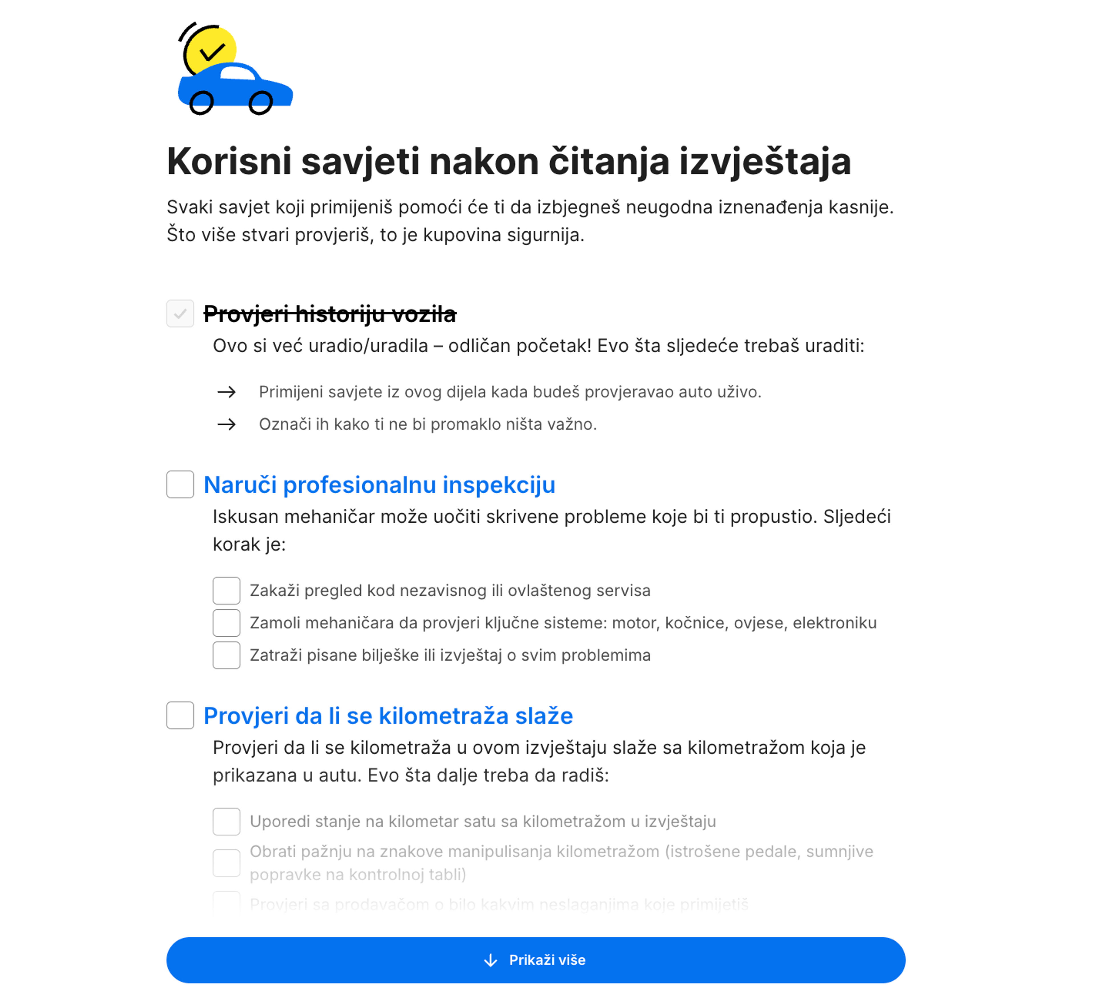 "Što je sljedeće?" kontrolna lista na kraju carVertical izvještaja
